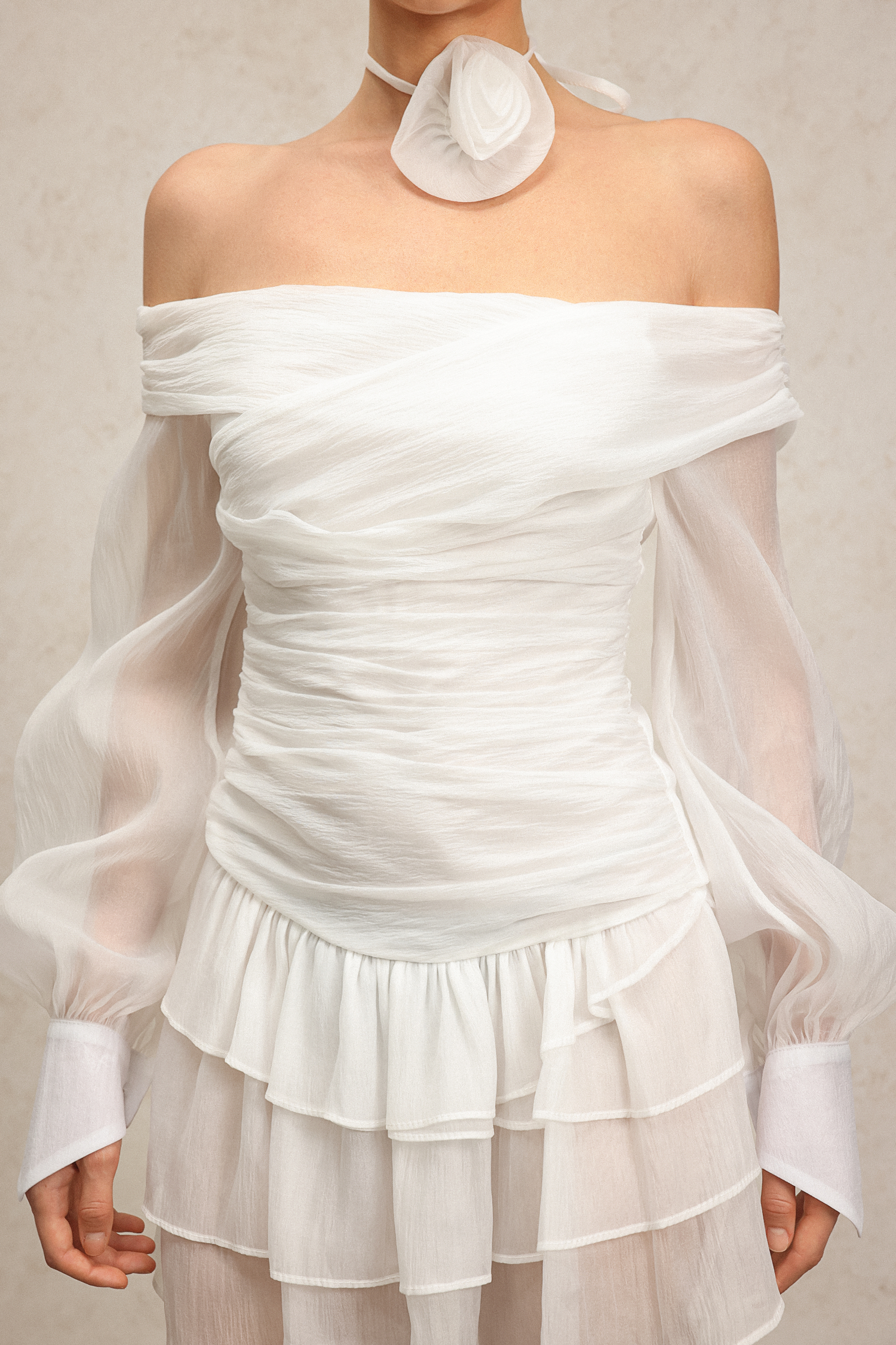 Karsten Off-The-Shoulder Flower Long Sleeves Layered Mini Dress