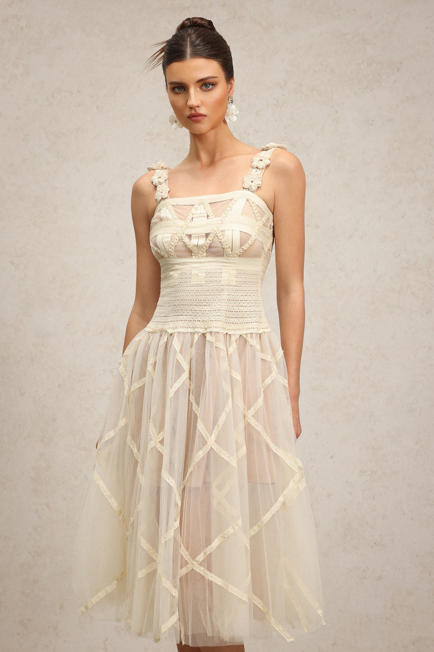 Viomo Halter Pearl Flowers Lace Embroidery Midi Dress