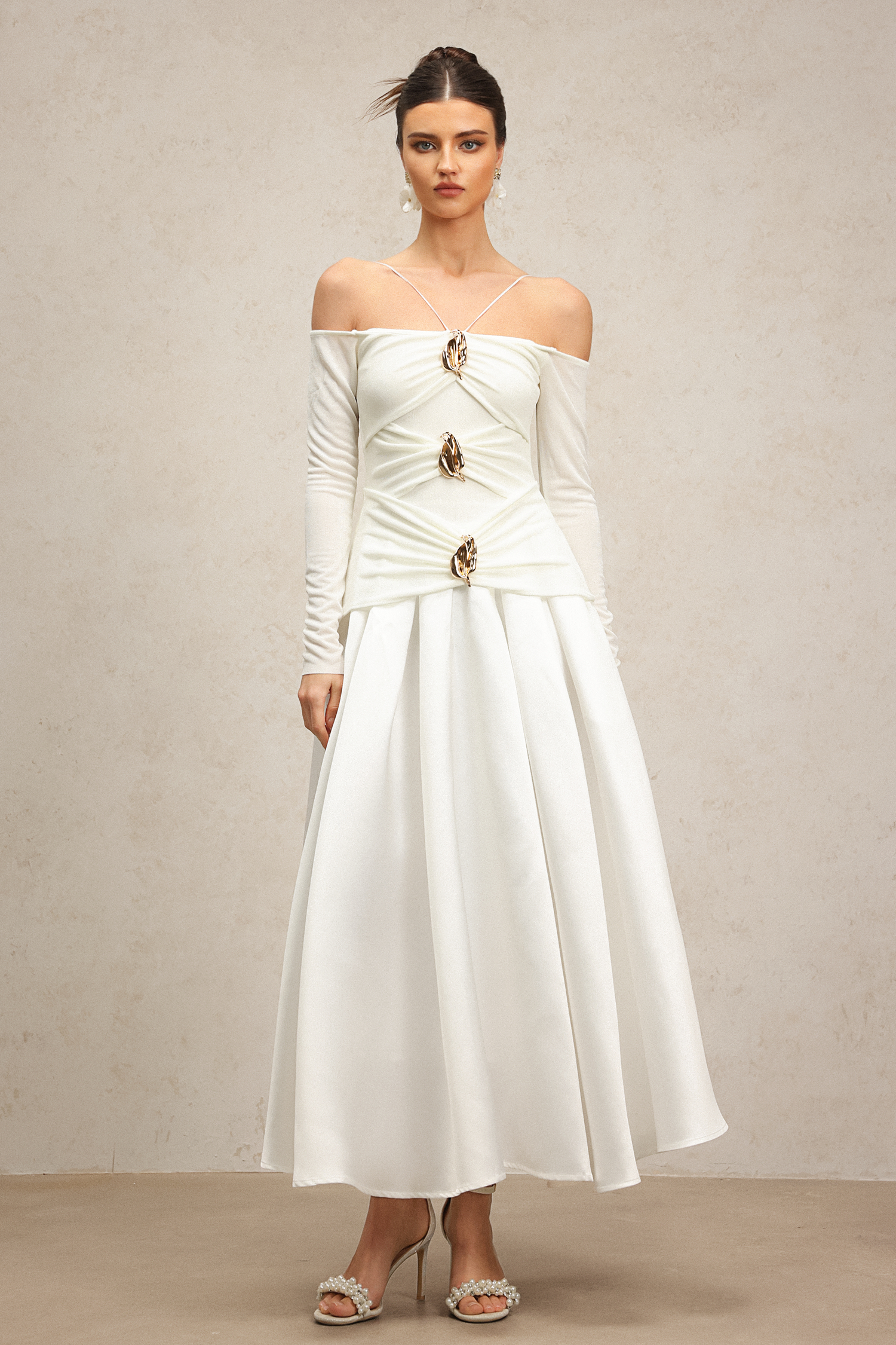 Gusia Halter Off-The-Shoulder Long Sleeves Maxi Dress