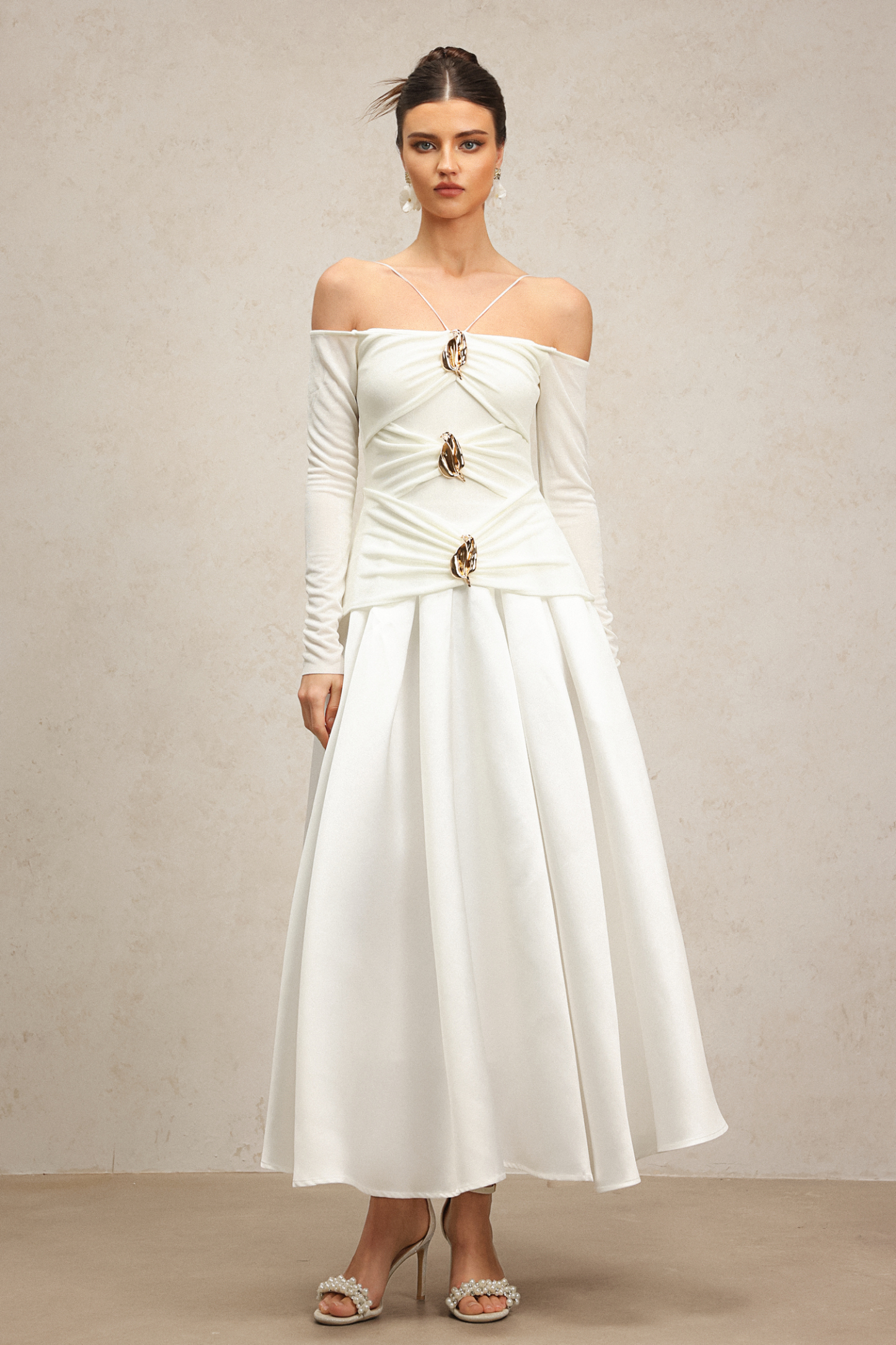 Gusia Halter Off-The-Shoulder Long Sleeves Maxi Dress