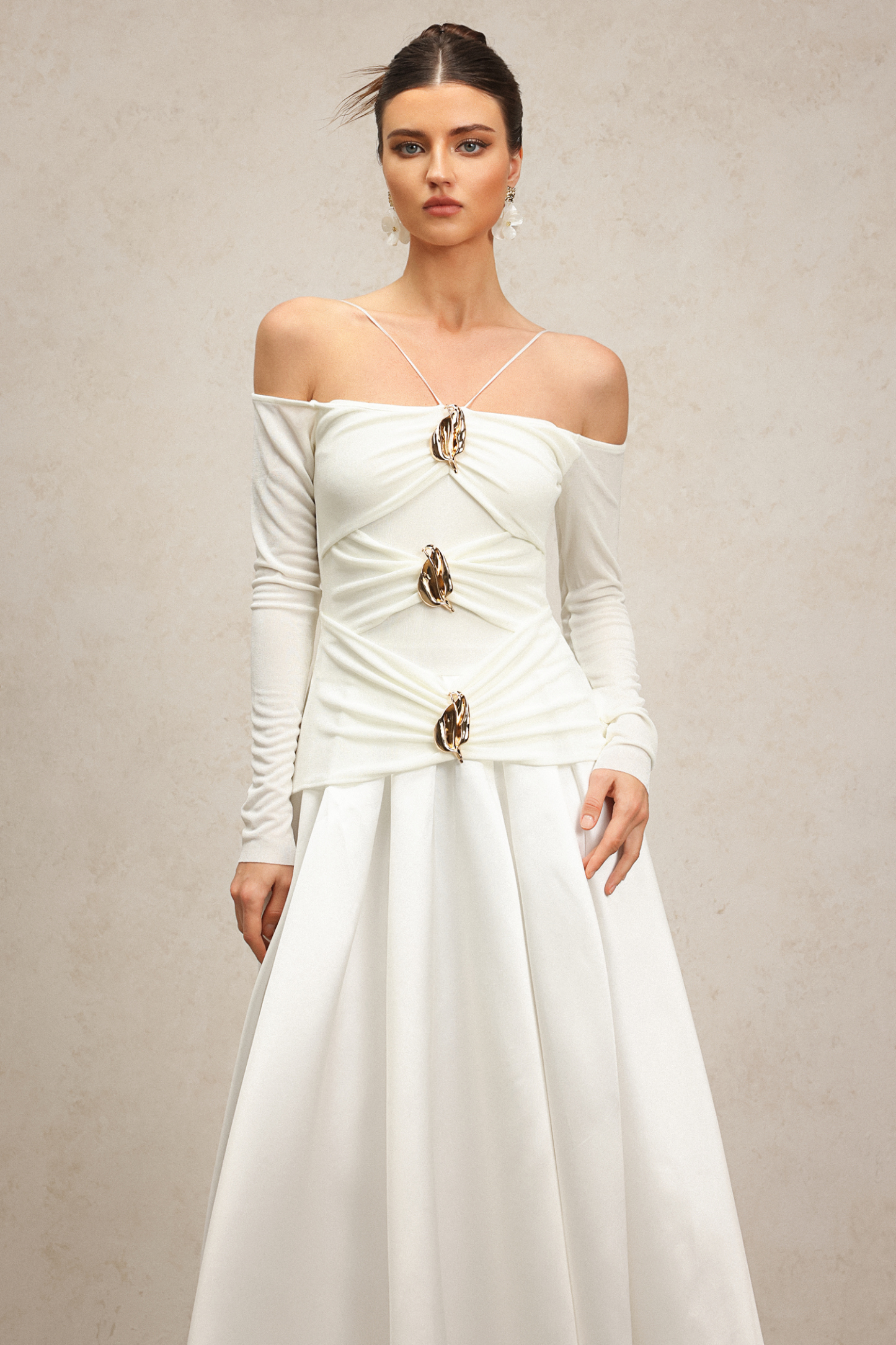 Gusia Halter Off-The-Shoulder Long Sleeves Maxi Dress