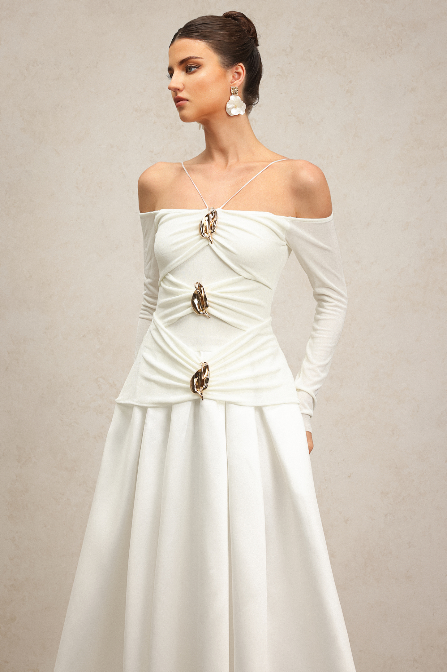 Gusia Halter Off-The-Shoulder Long Sleeves Maxi Dress