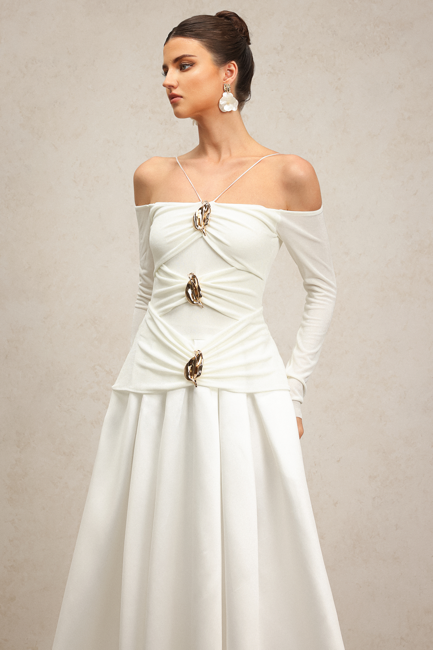 Gusia Halter Off-The-Shoulder Long Sleeves Maxi Dress