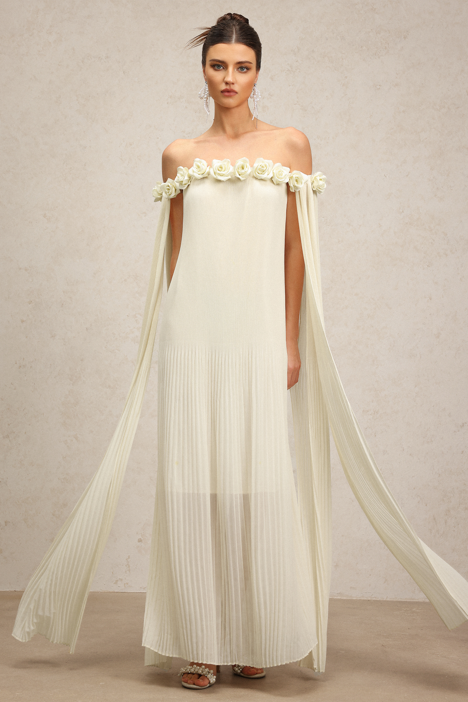 Gini Off-The-Shoulder Flowers Folds Maxi Dress