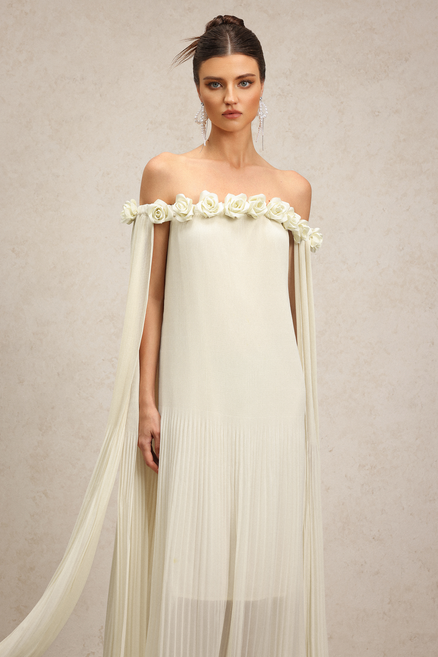 Gini Off-The-Shoulder Flowers Folds Maxi Dress