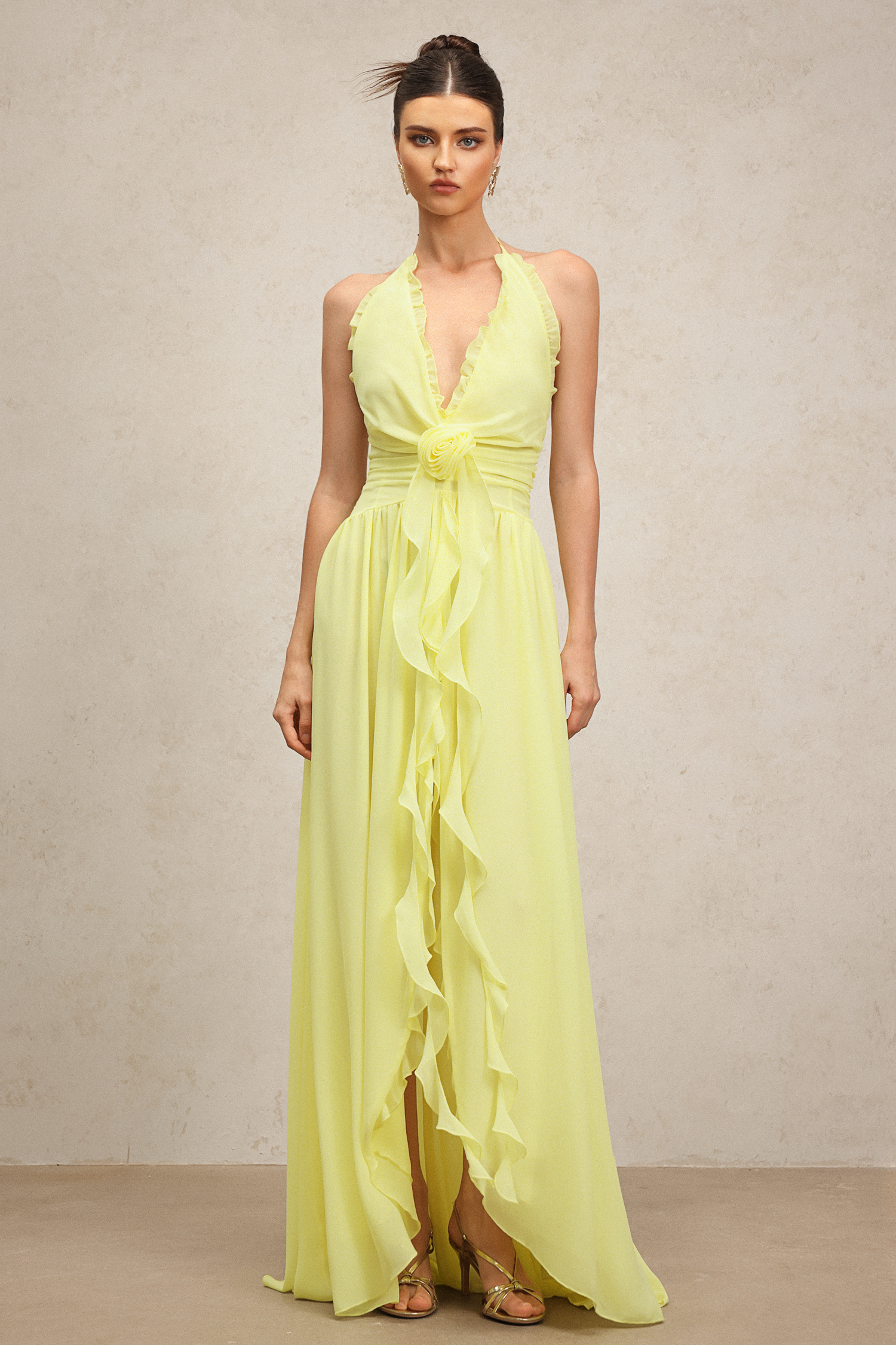 Garina Deep-V Sleeveless Flower Streamer Maxi Dress