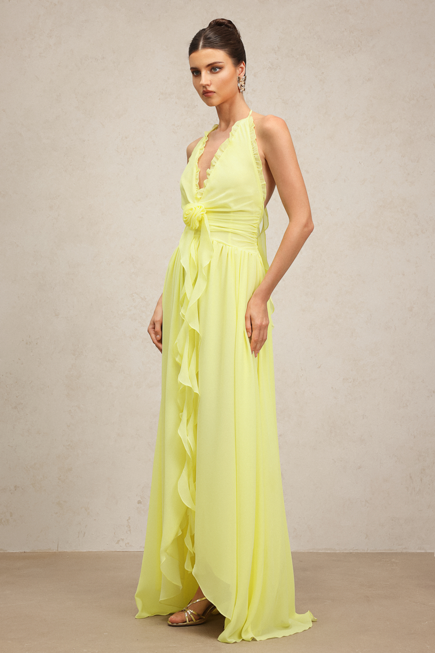 Garina Deep-V Sleeveless Flower Streamer Maxi Dress