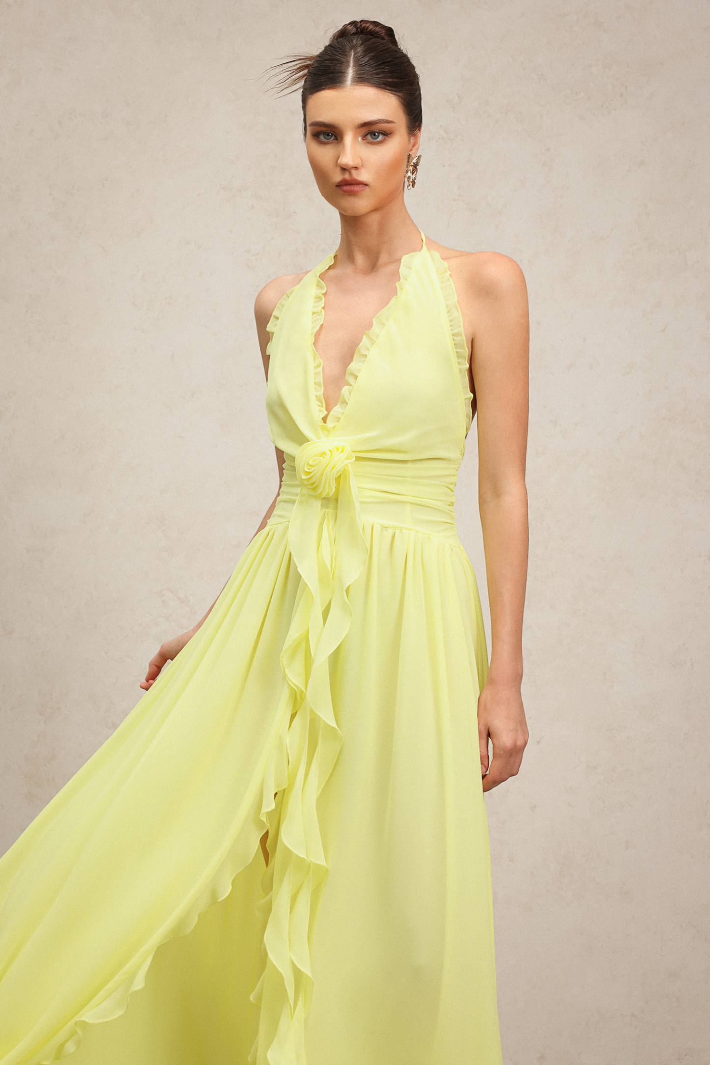 Garina Deep-V Sleeveless Flower Streamer Maxi Dress