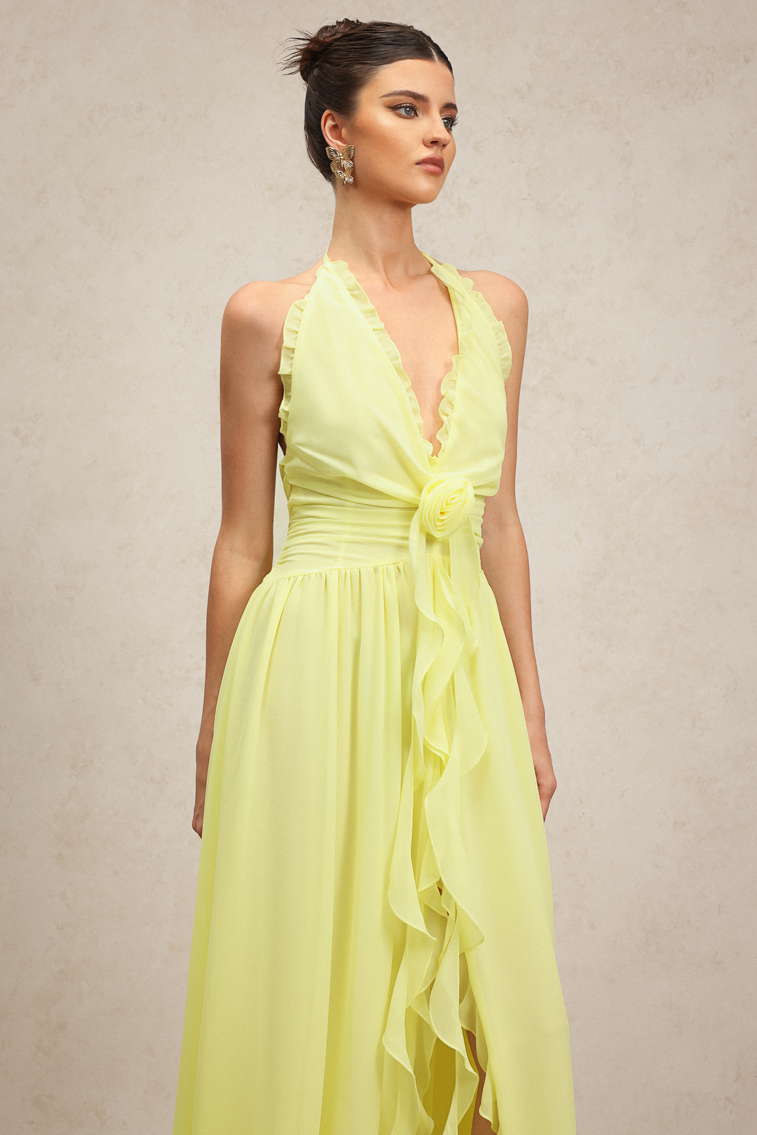 Garina Deep-V Sleeveless Flower Streamer Maxi Dress