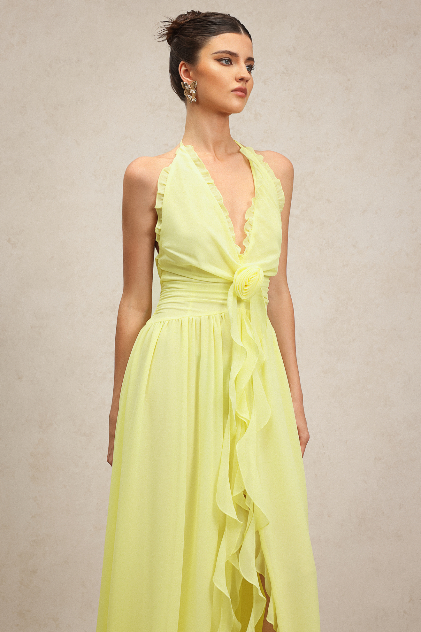 Garina Deep-V Sleeveless Flower Streamer Maxi Dress