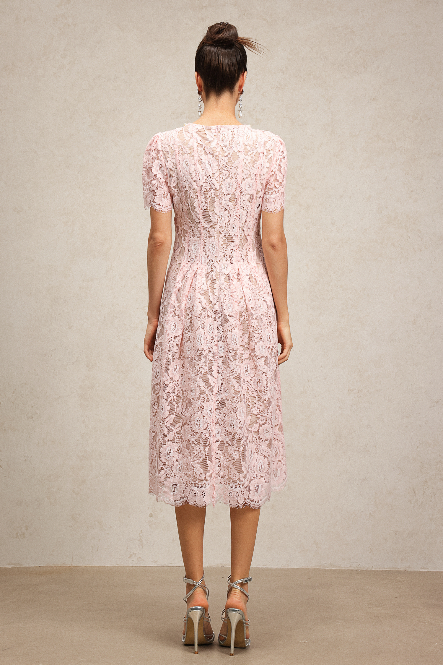 Nailah Short Sleeves Diamond Lace Midi Dress