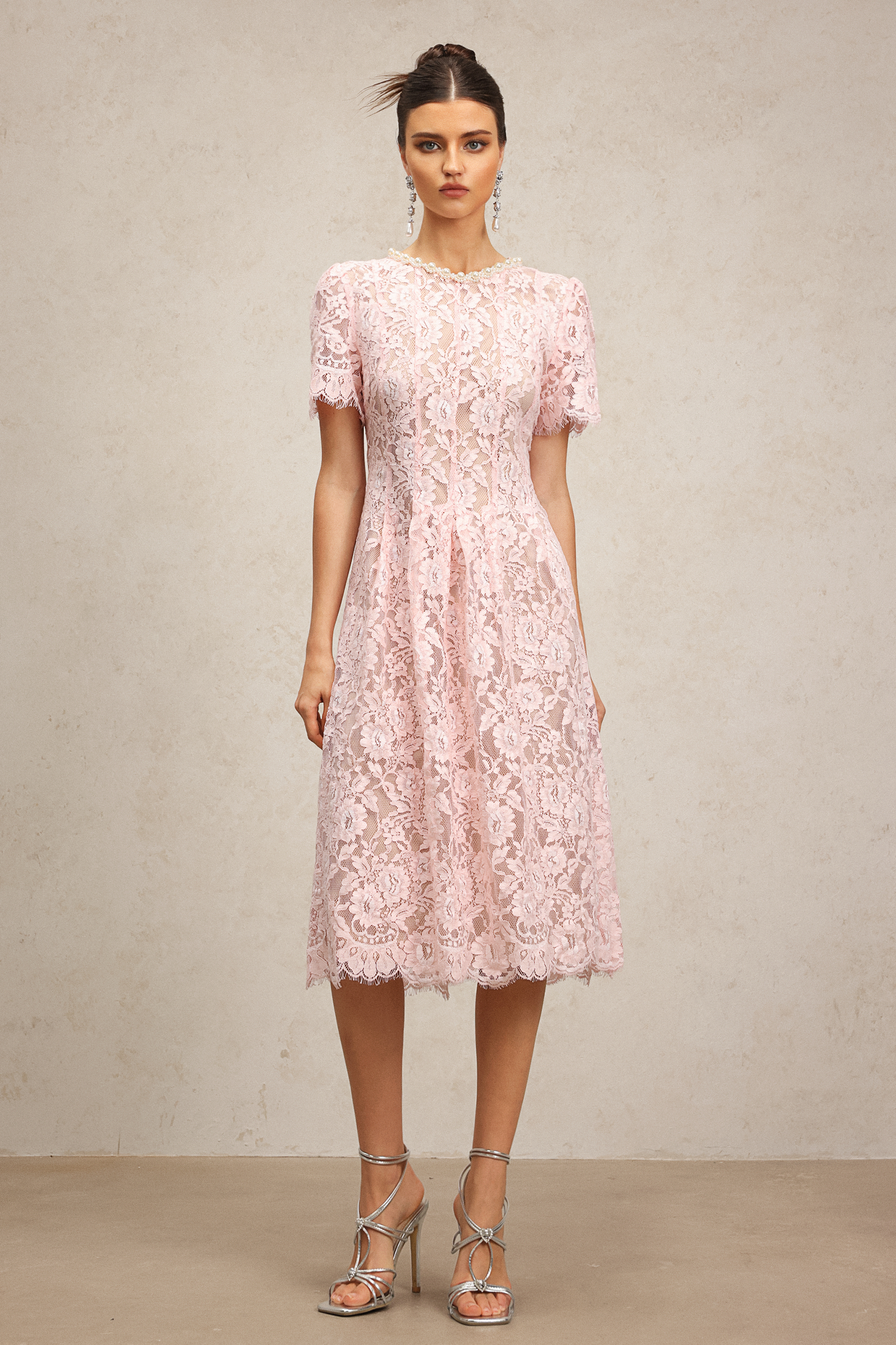 Nailah Short Sleeves Diamond Lace Midi Dress