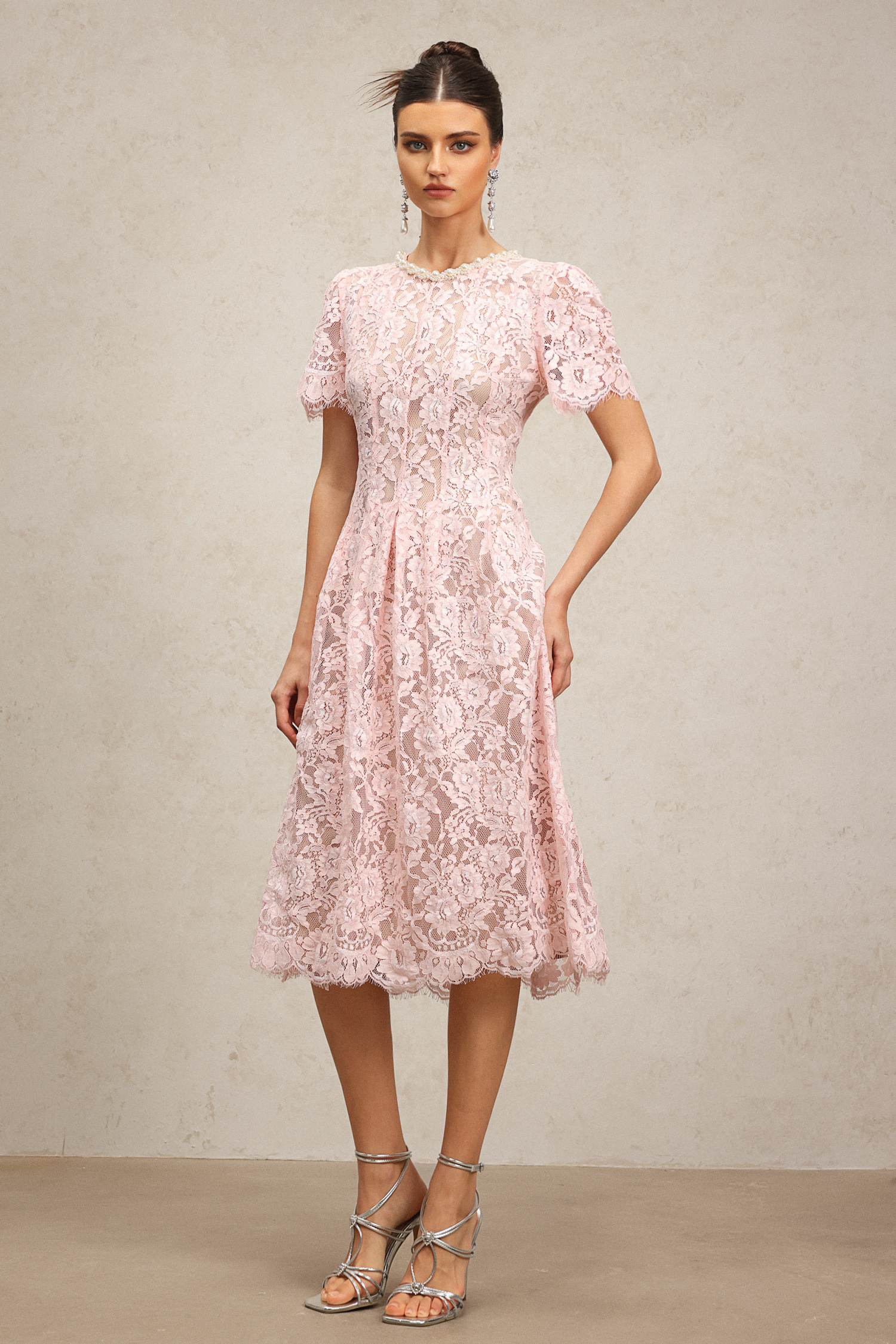 Nailah Short Sleeves Diamond Lace Midi Dress