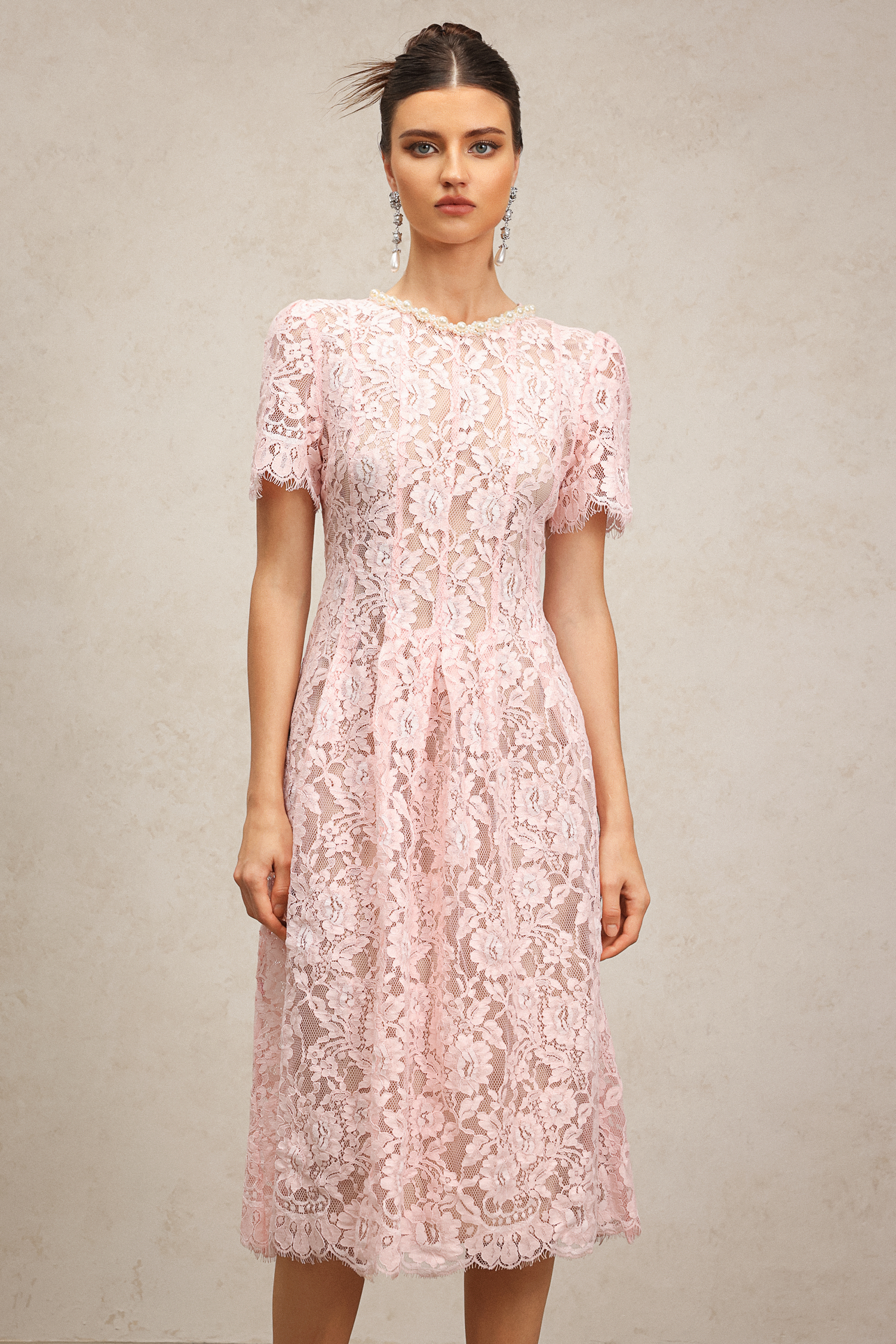Nailah Short Sleeves Diamond Lace Midi Dress
