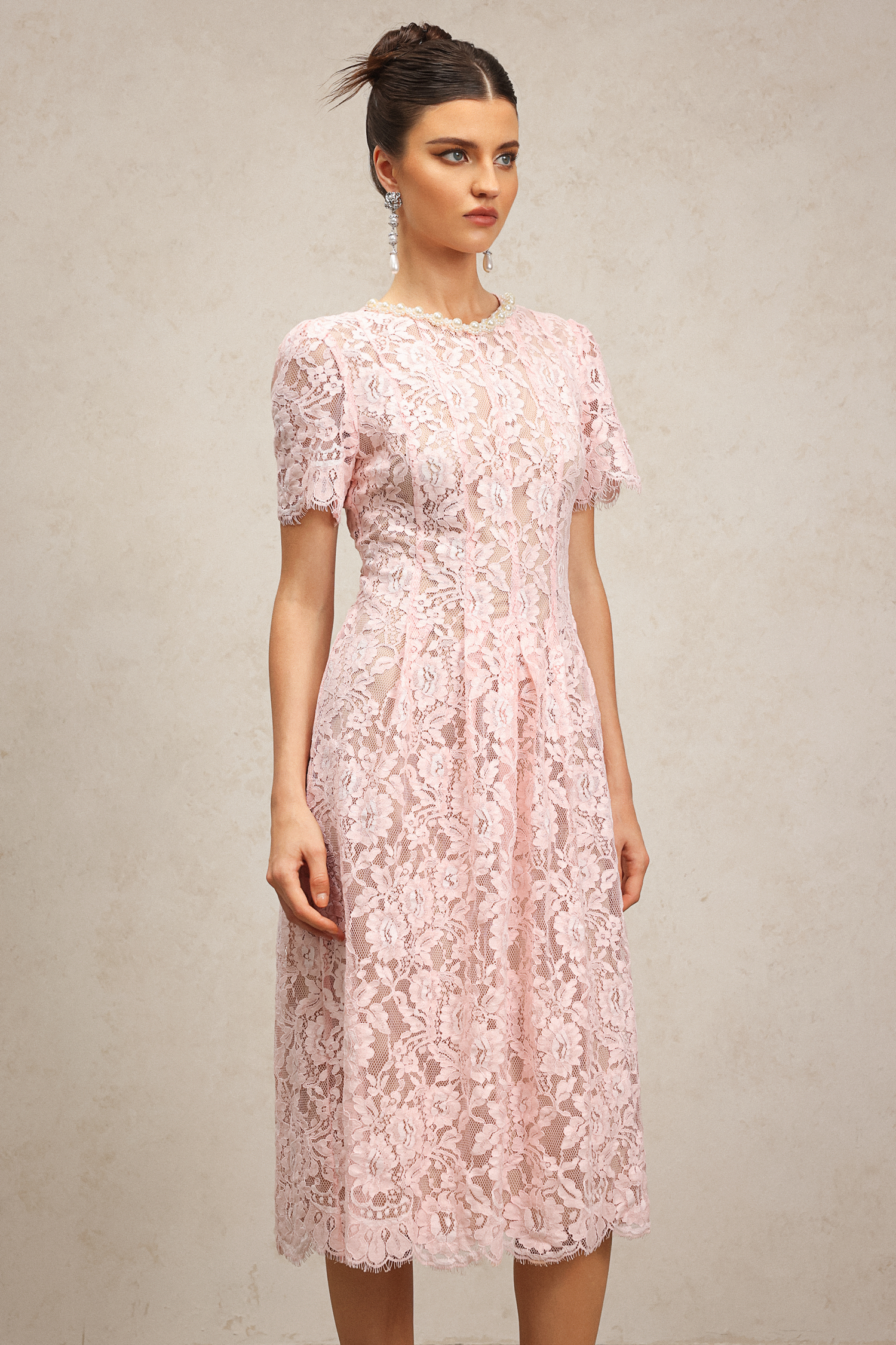 Nailah Short Sleeves Diamond Lace Midi Dress