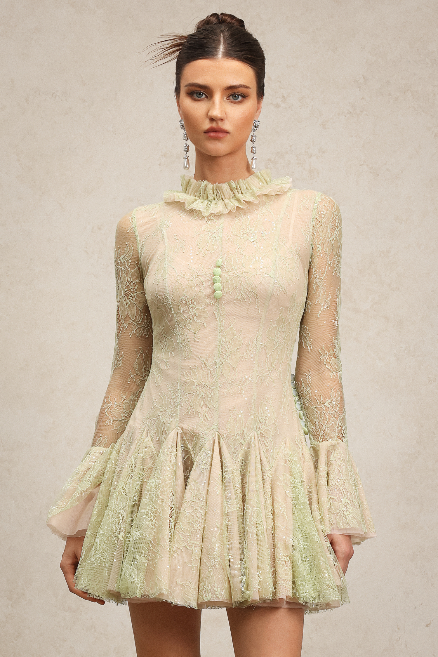 Evvie Flowers Lace Long Sleeves Folds Mini Dress