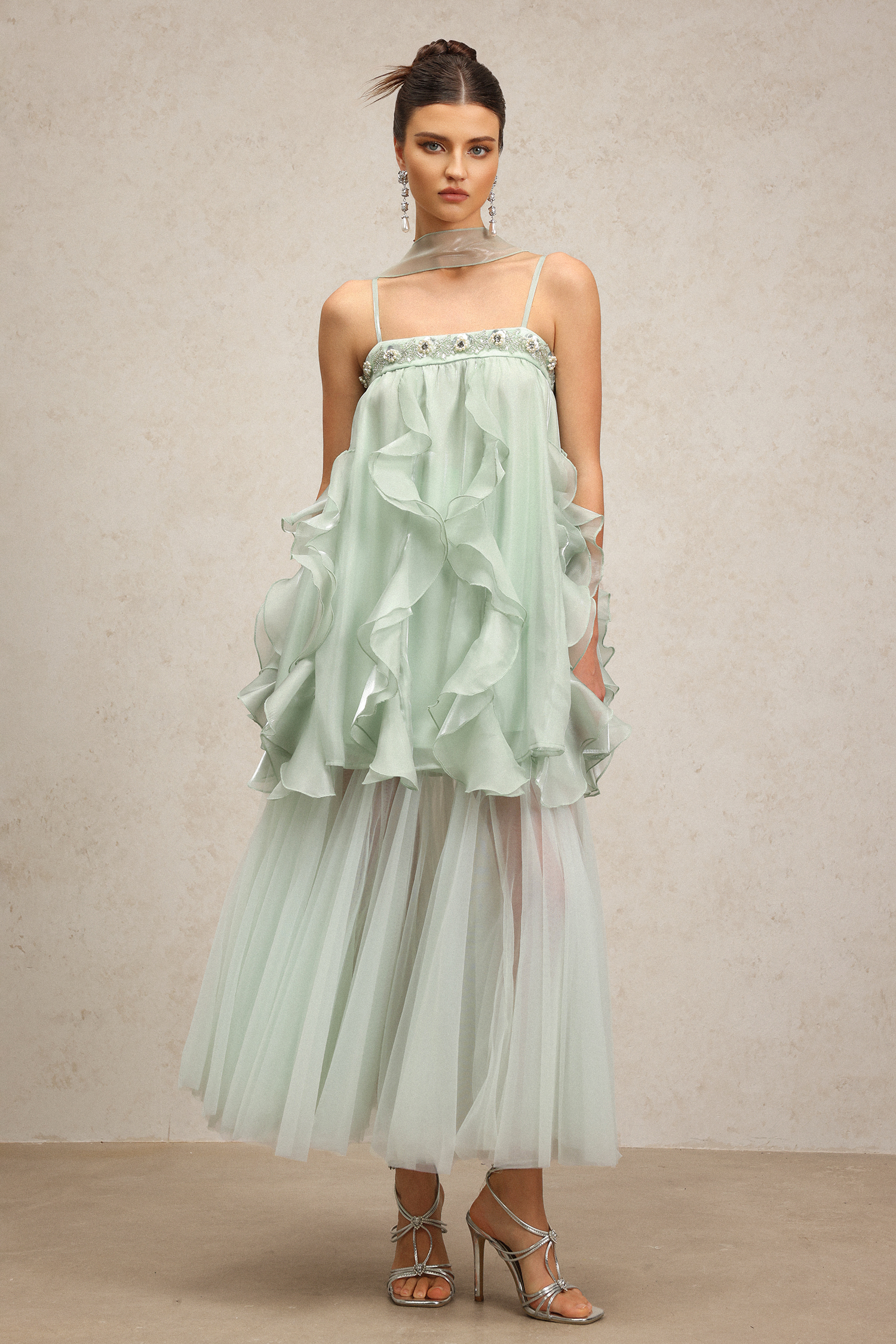 Takada Halter Streamer Diamond Flounce Top And Skirt Two-Piece Set