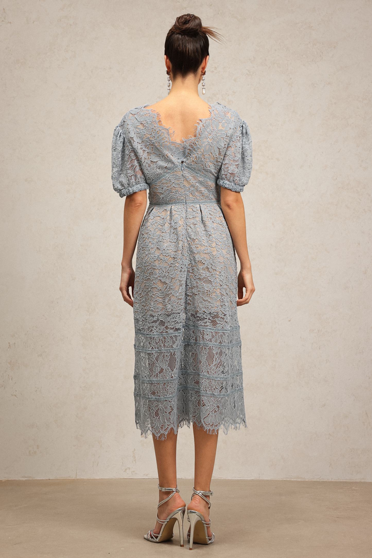 Kiele Short Sleeves Lace Flowers Midi Dress