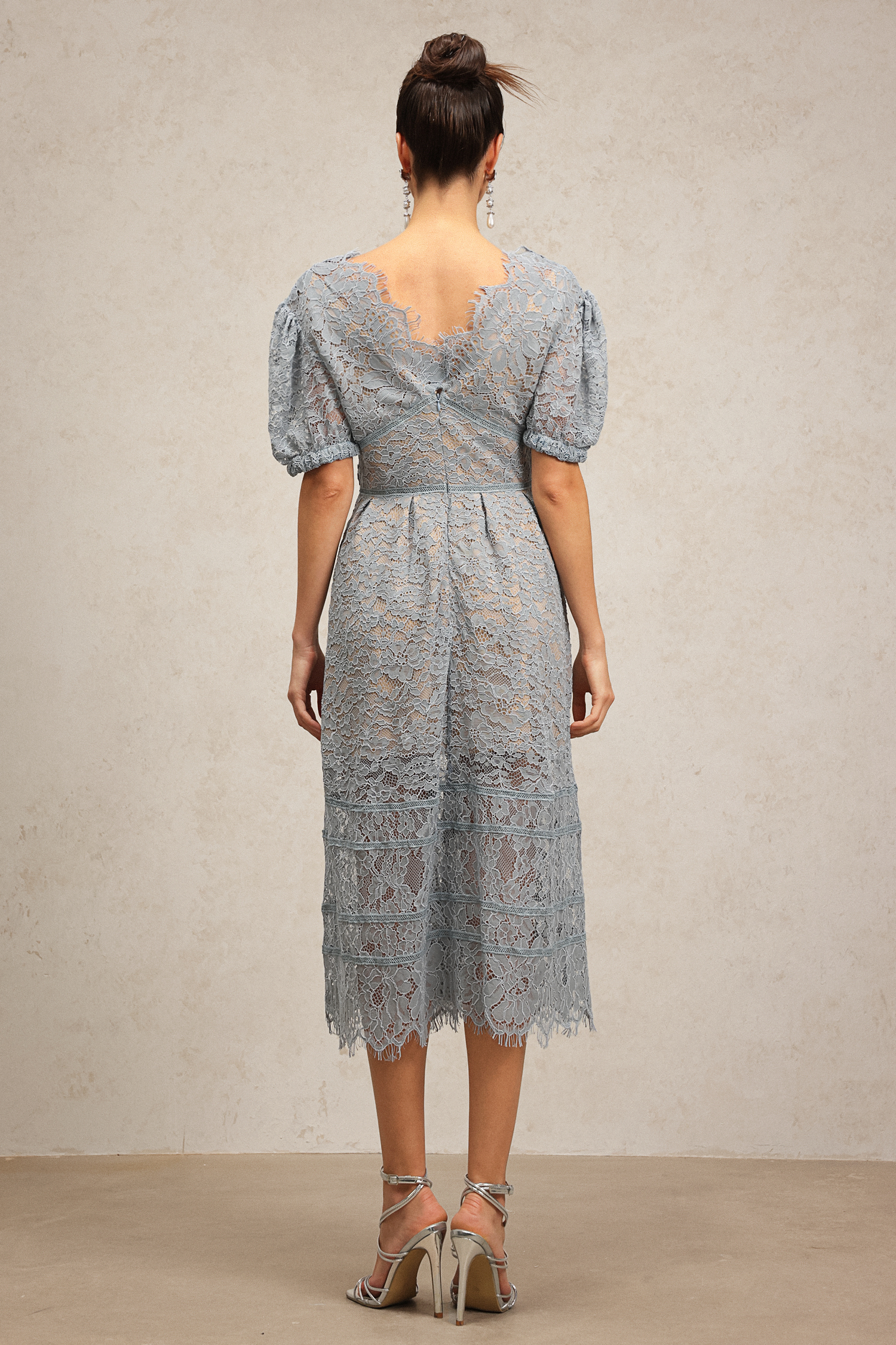 Kiele Short Sleeves Lace Flowers Midi Dress