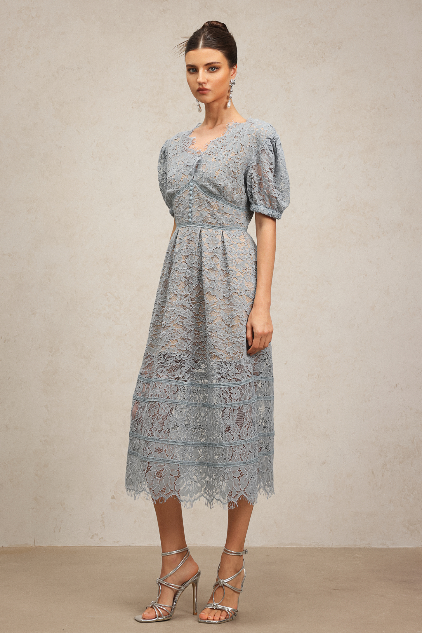 Kiele Short Sleeves Lace Flowers Midi Dress