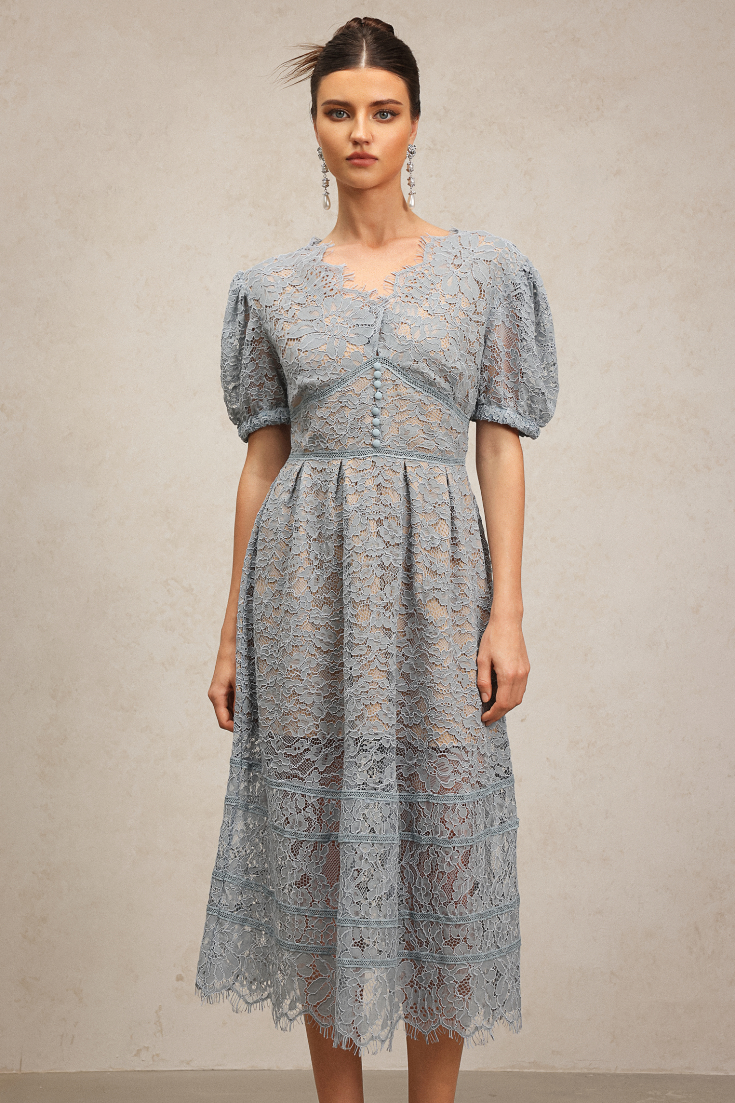 Kiele Short Sleeves Lace Flowers Midi Dress