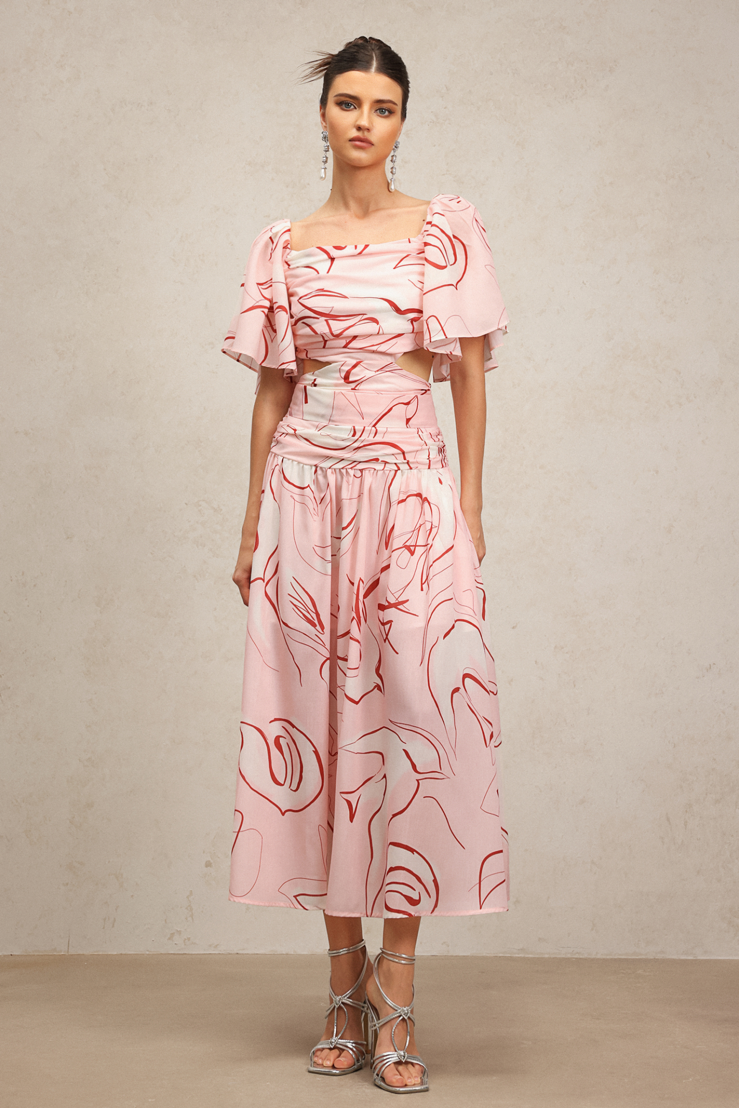 Jillian Puff Short Sleeves Printed Folds Maxi Dress