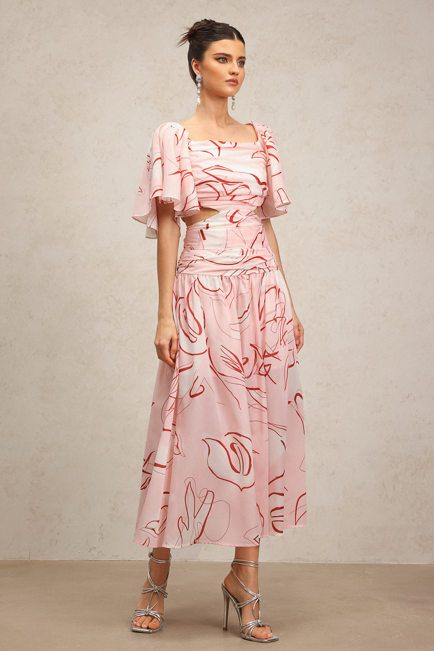 Jillian Puff Short Sleeves Printed Folds Maxi Dress