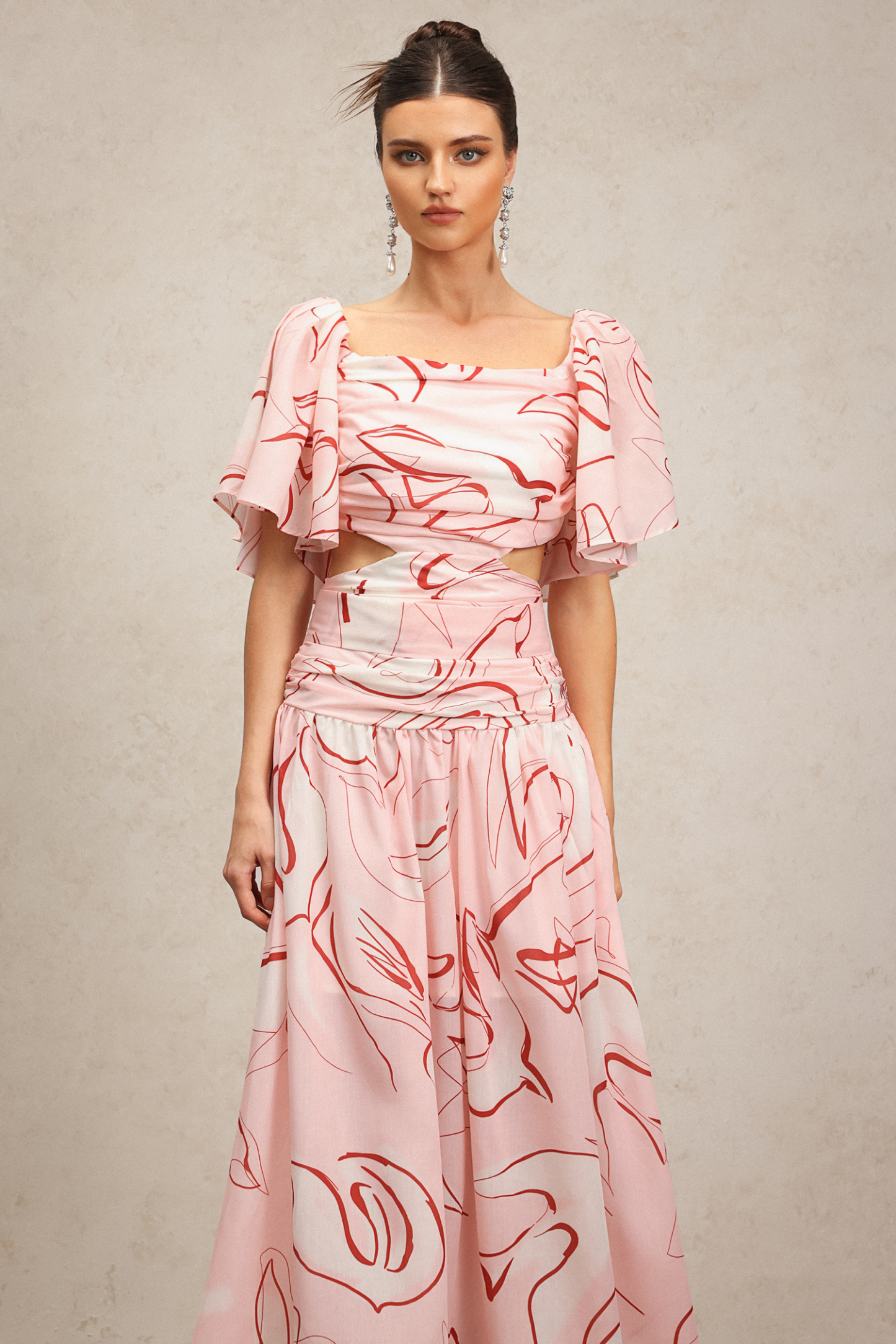 Jillian Puff Short Sleeves Printed Folds Maxi Dress