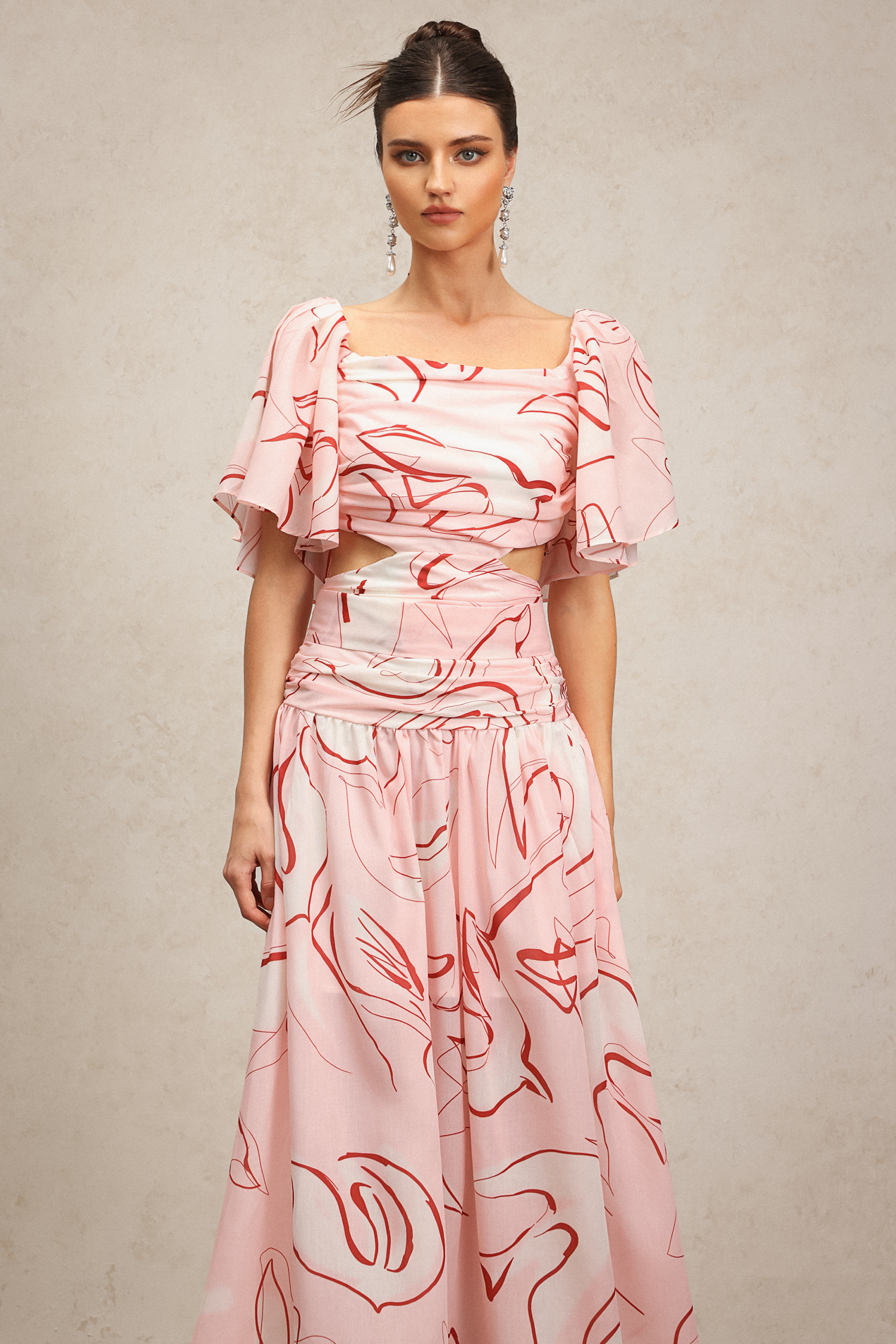 Jillian Puff Short Sleeves Printed Folds Maxi Dress