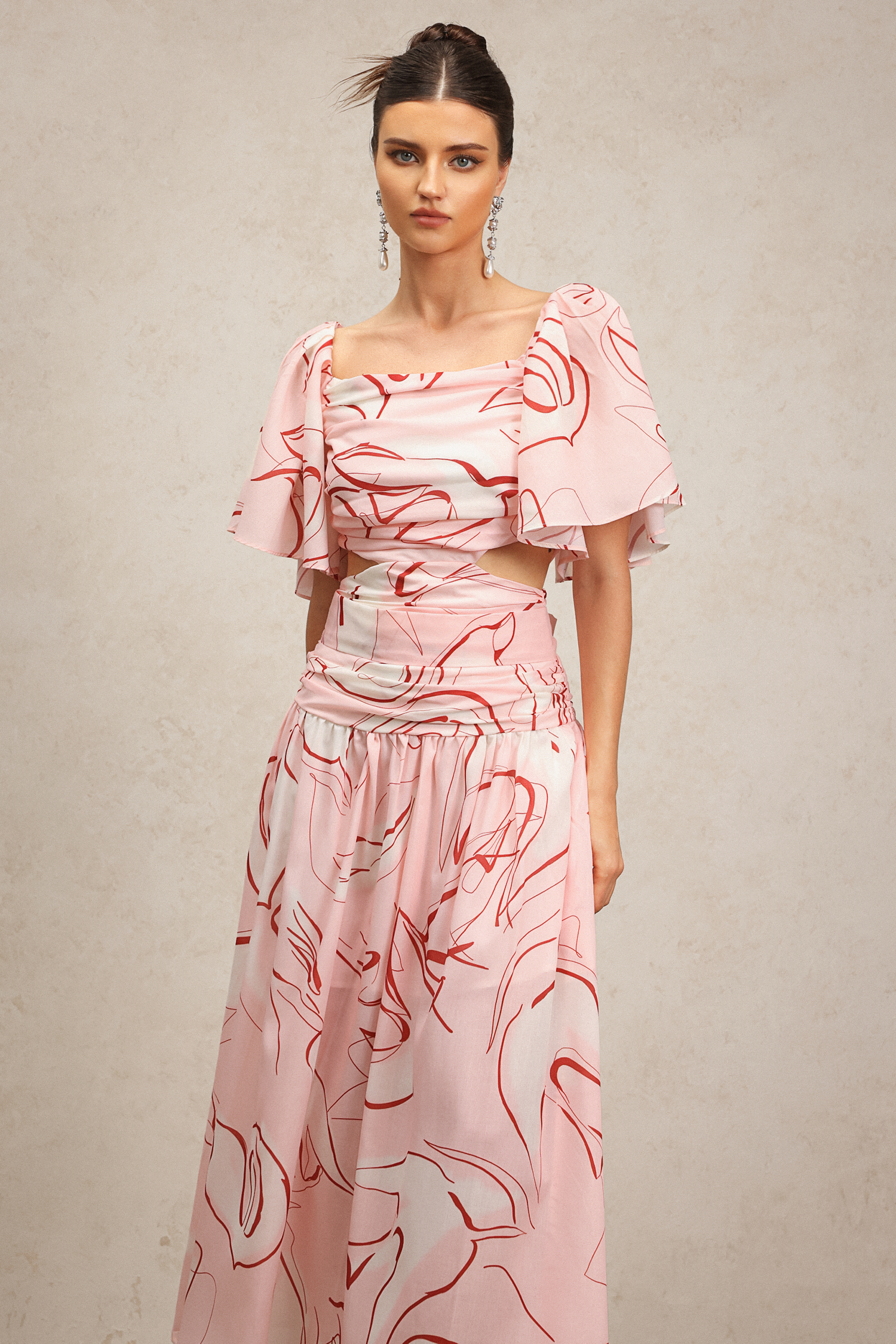 Jillian Puff Short Sleeves Printed Folds Maxi Dress