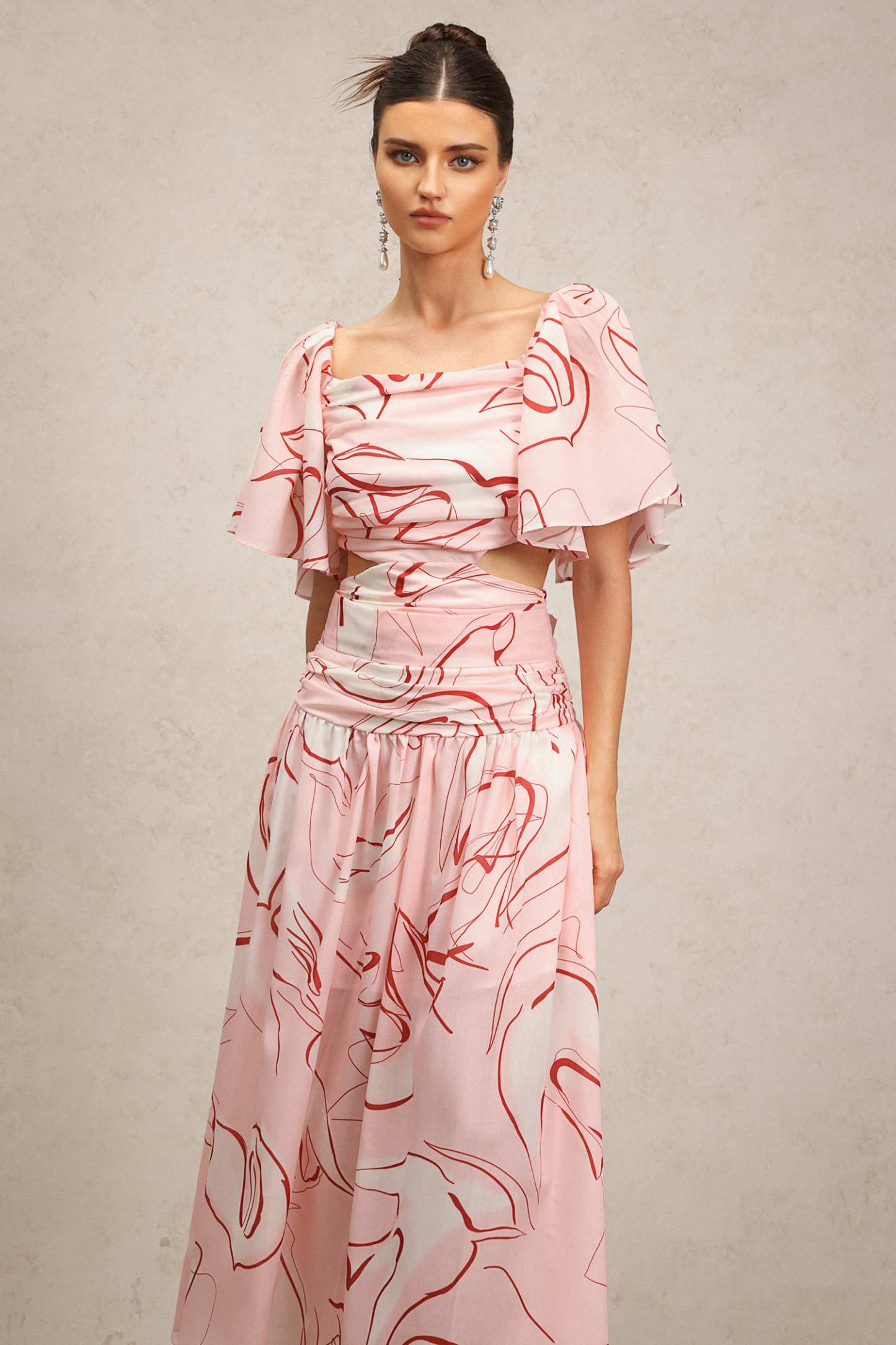 Jillian Puff Short Sleeves Printed Folds Maxi Dress