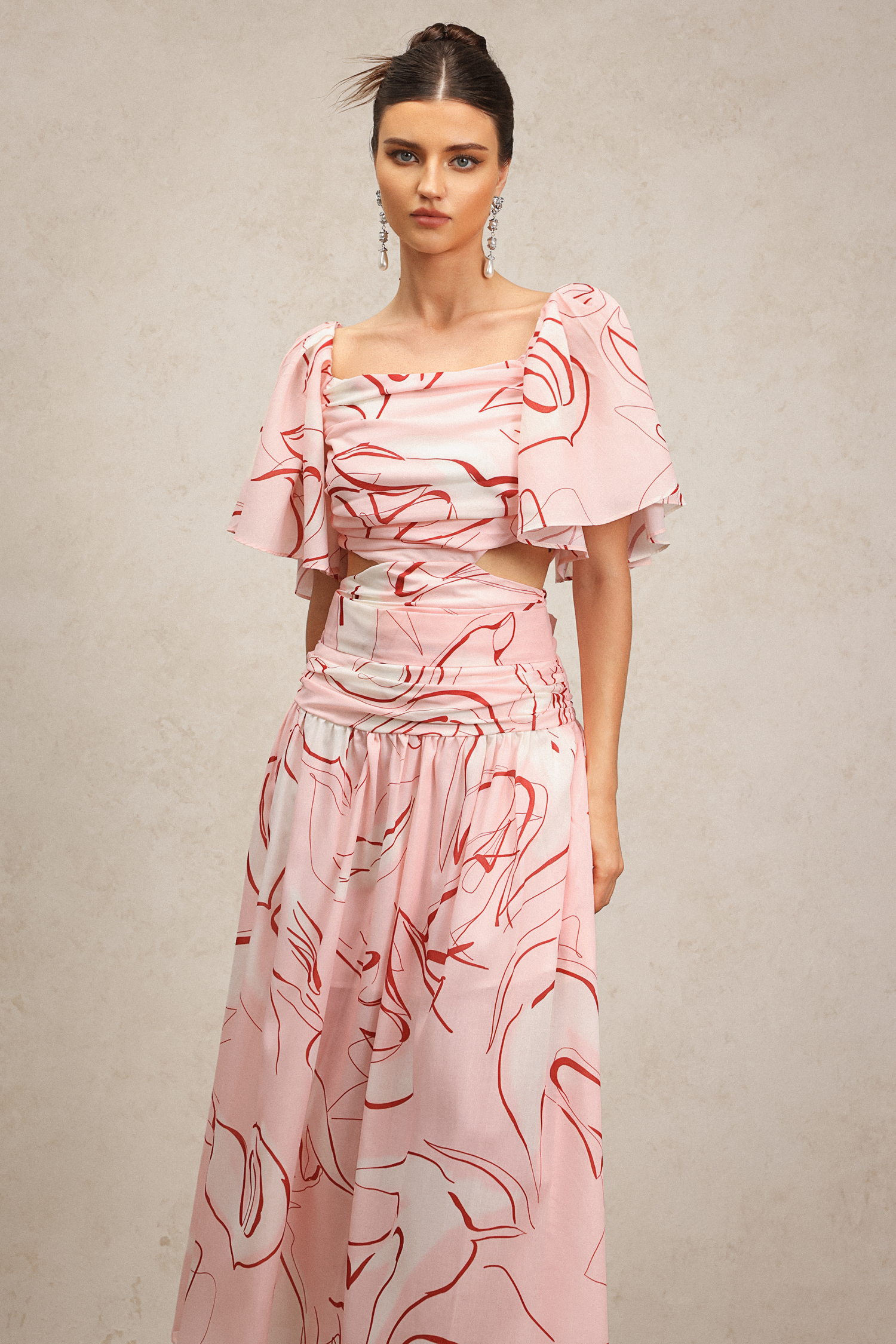 Jillian Puff Short Sleeves Printed Folds Maxi Dress