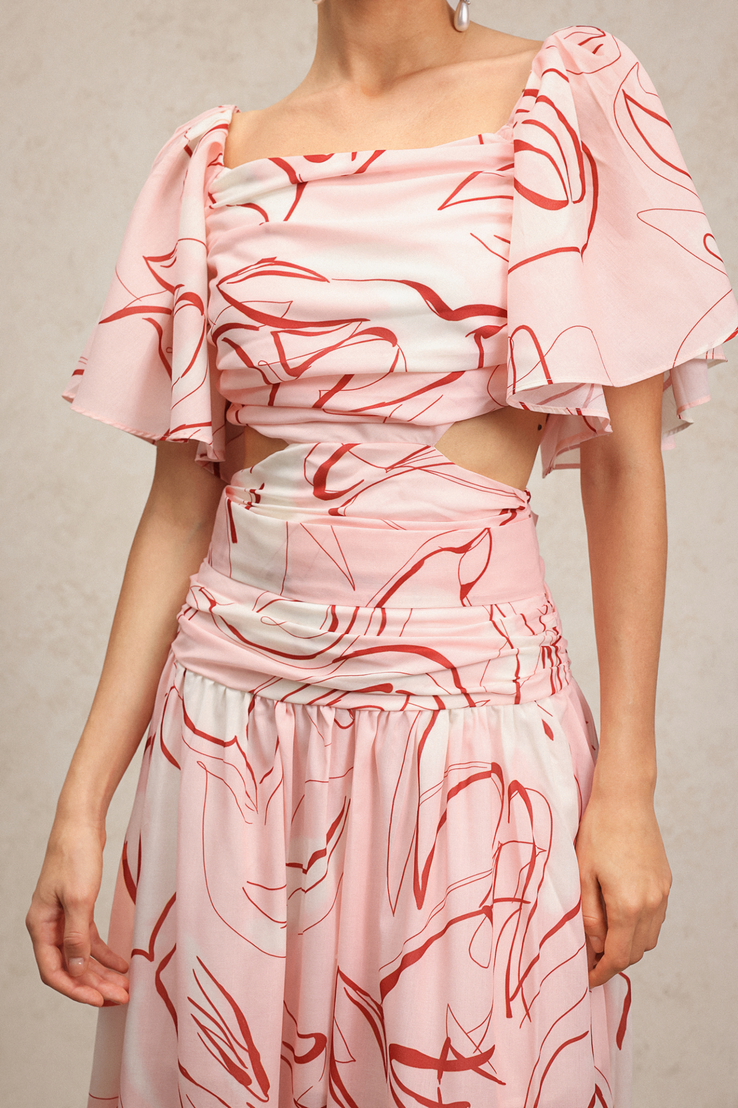 Jillian Puff Short Sleeves Printed Folds Maxi Dress