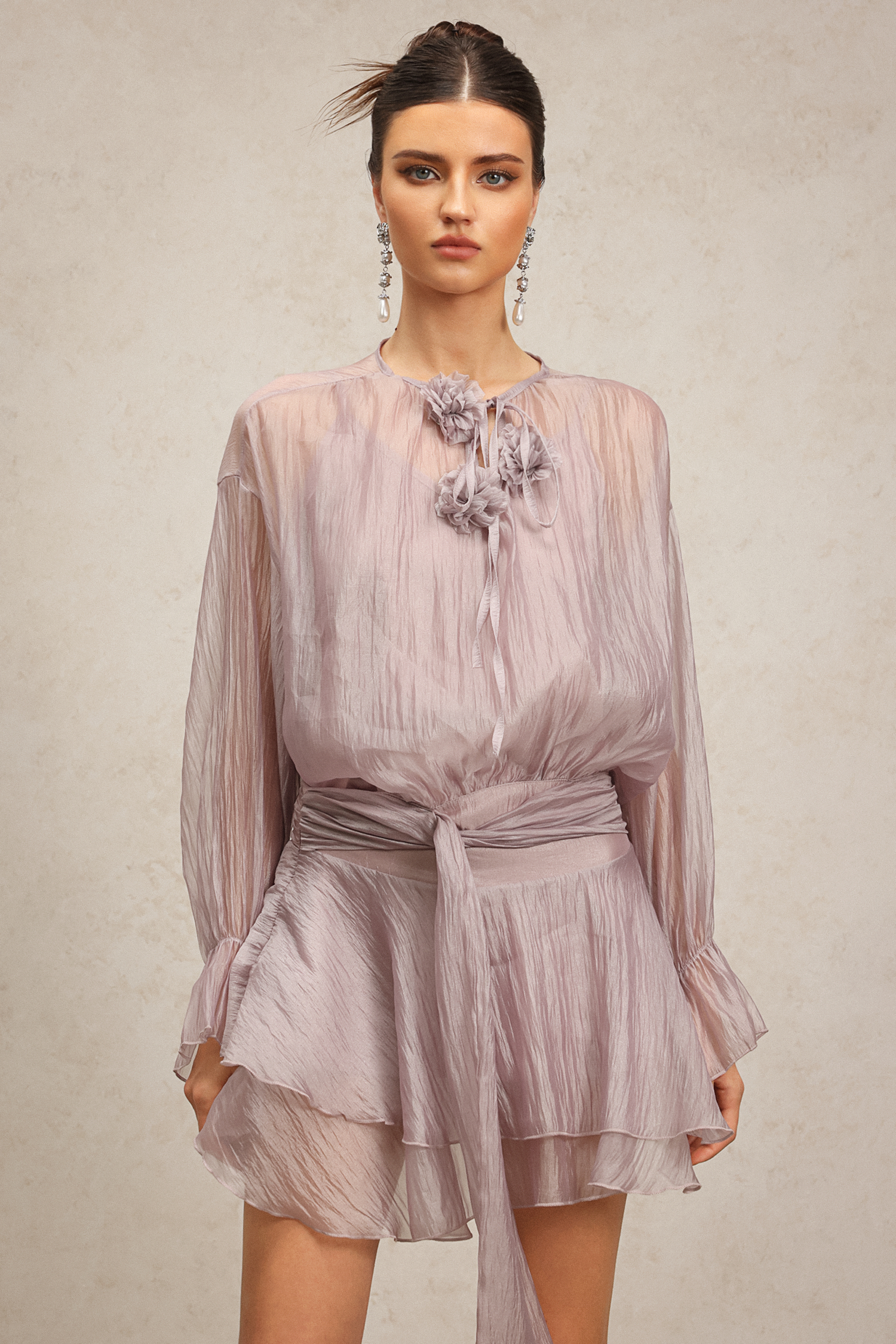 Mignon Long Sleeves Flowers Mini Dress