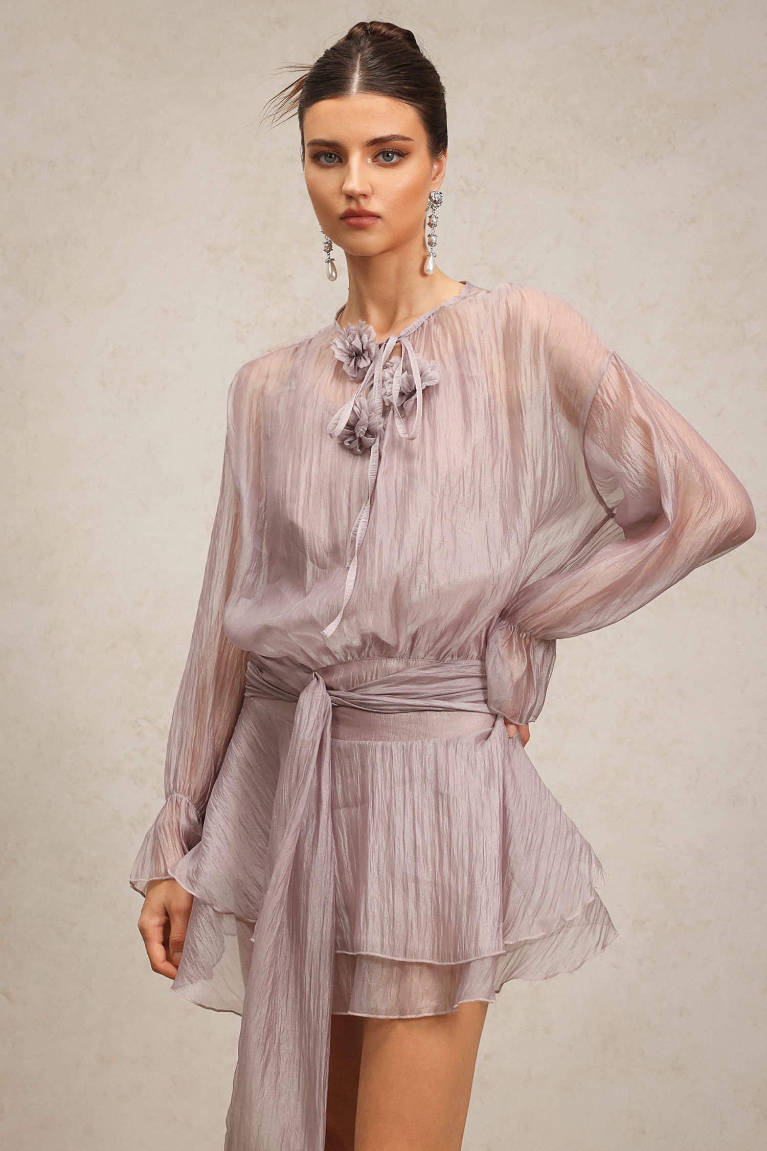 Mignon Long Sleeves Flowers Mini Dress