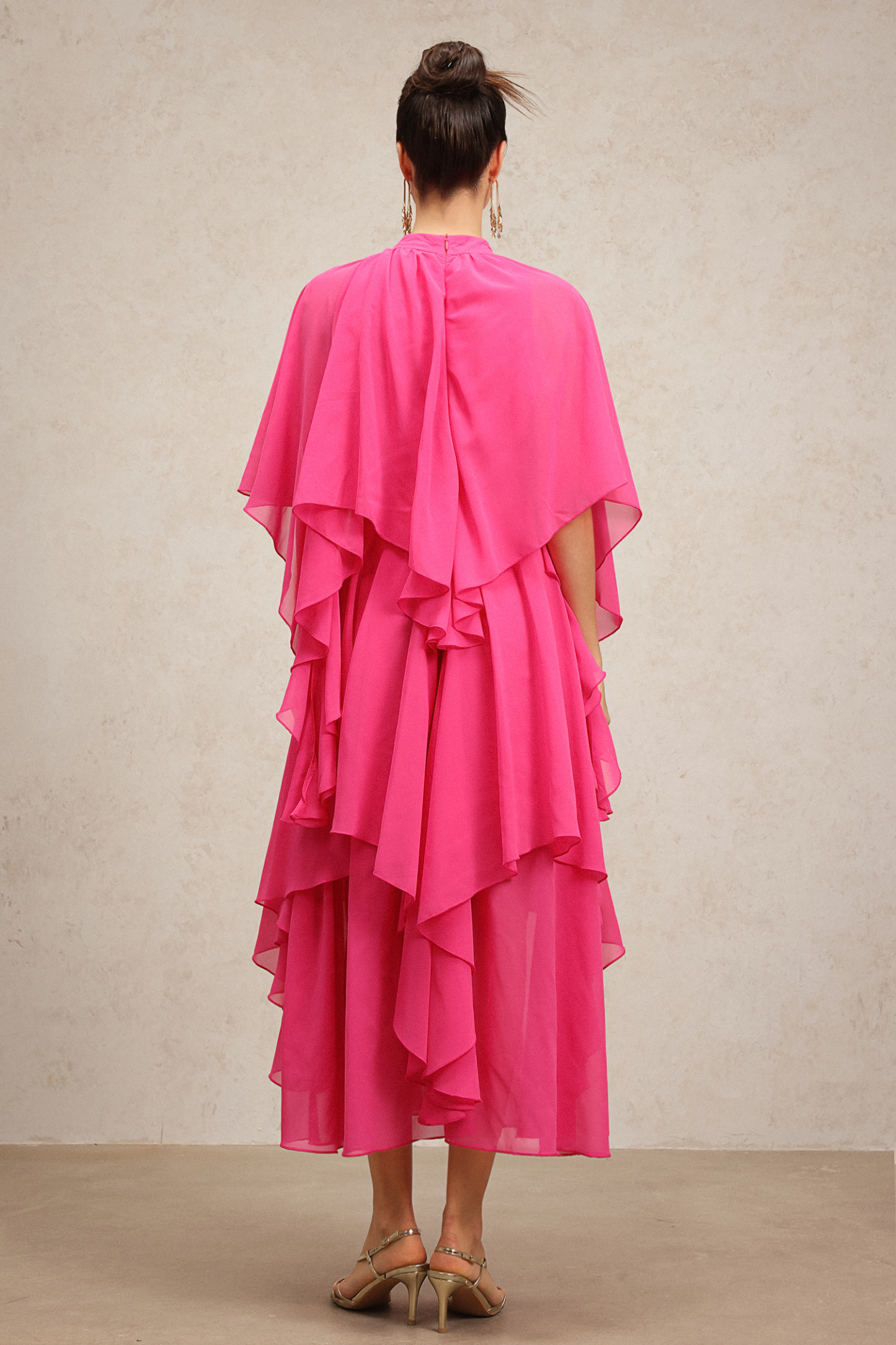 Kimivi Asymmetric Elbow Sleeves Folds Maxi Dress