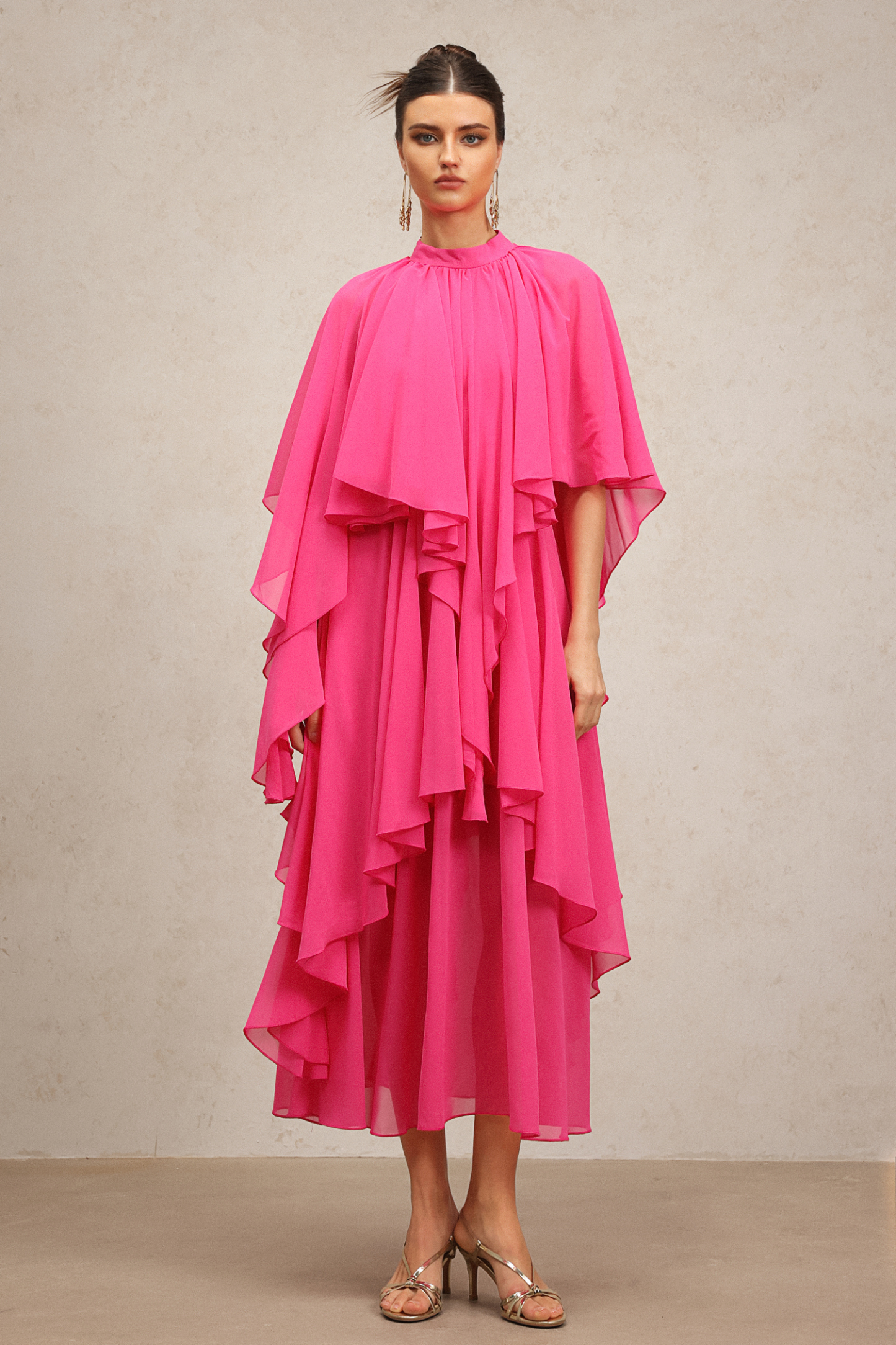 Kimivi Asymmetric Elbow Sleeves Folds Maxi Dress