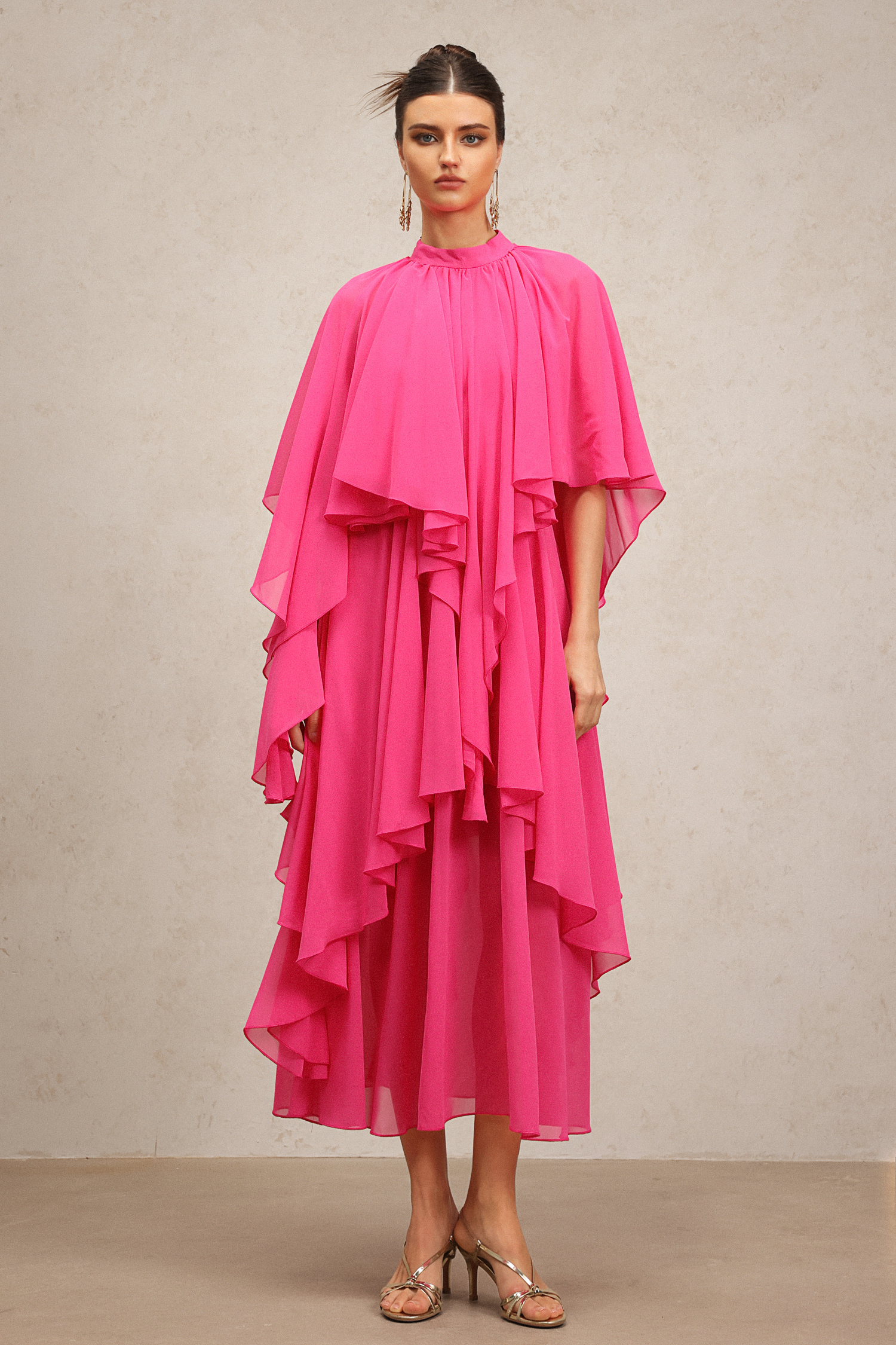 Kimivi Asymmetric Elbow Sleeves Folds Maxi Dress