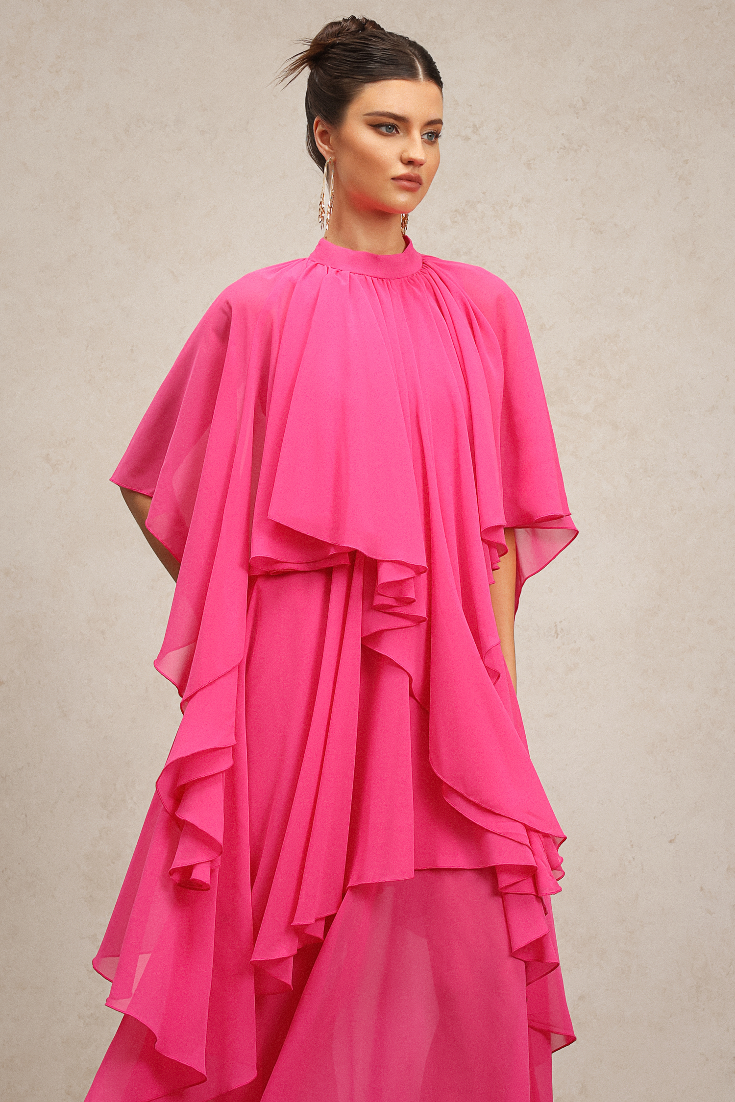 Kimivi Asymmetric Elbow Sleeves Folds Maxi Dress