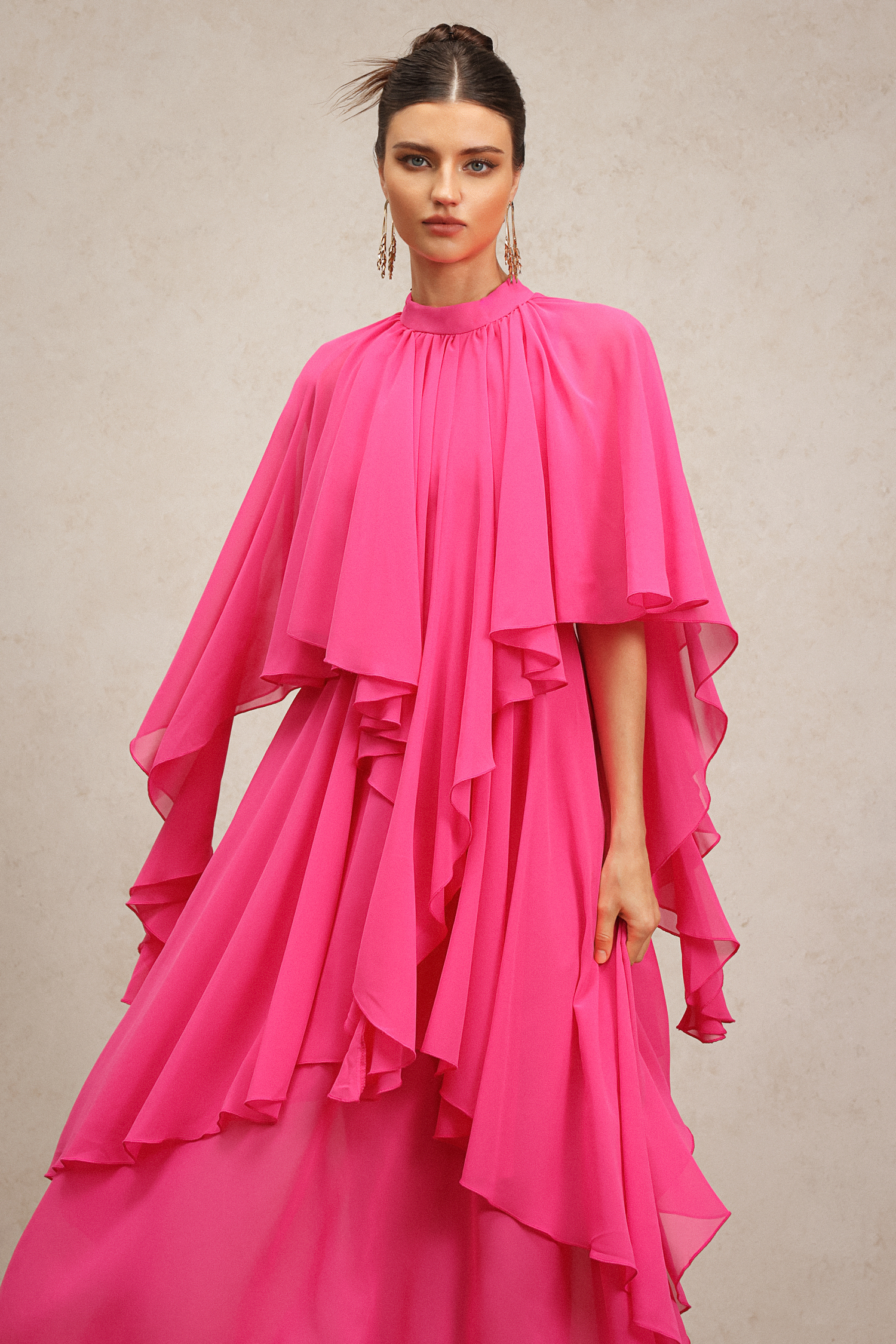 Kimivi Asymmetric Elbow Sleeves Folds Maxi Dress