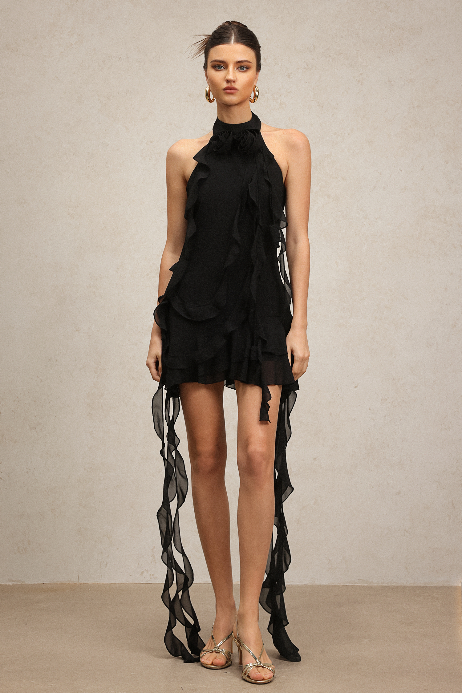 Hermione Halter Sleeveless Flounce Flowers Mini Dress