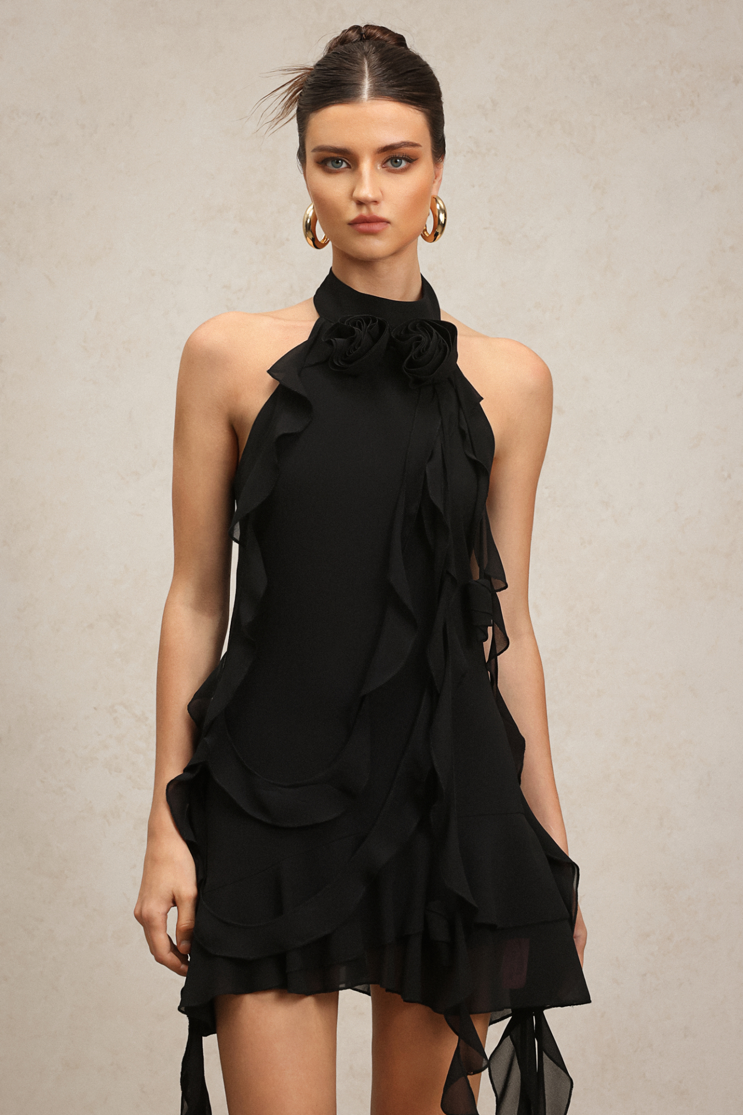 Hermione Halter Sleeveless Flounce Flowers Mini Dress