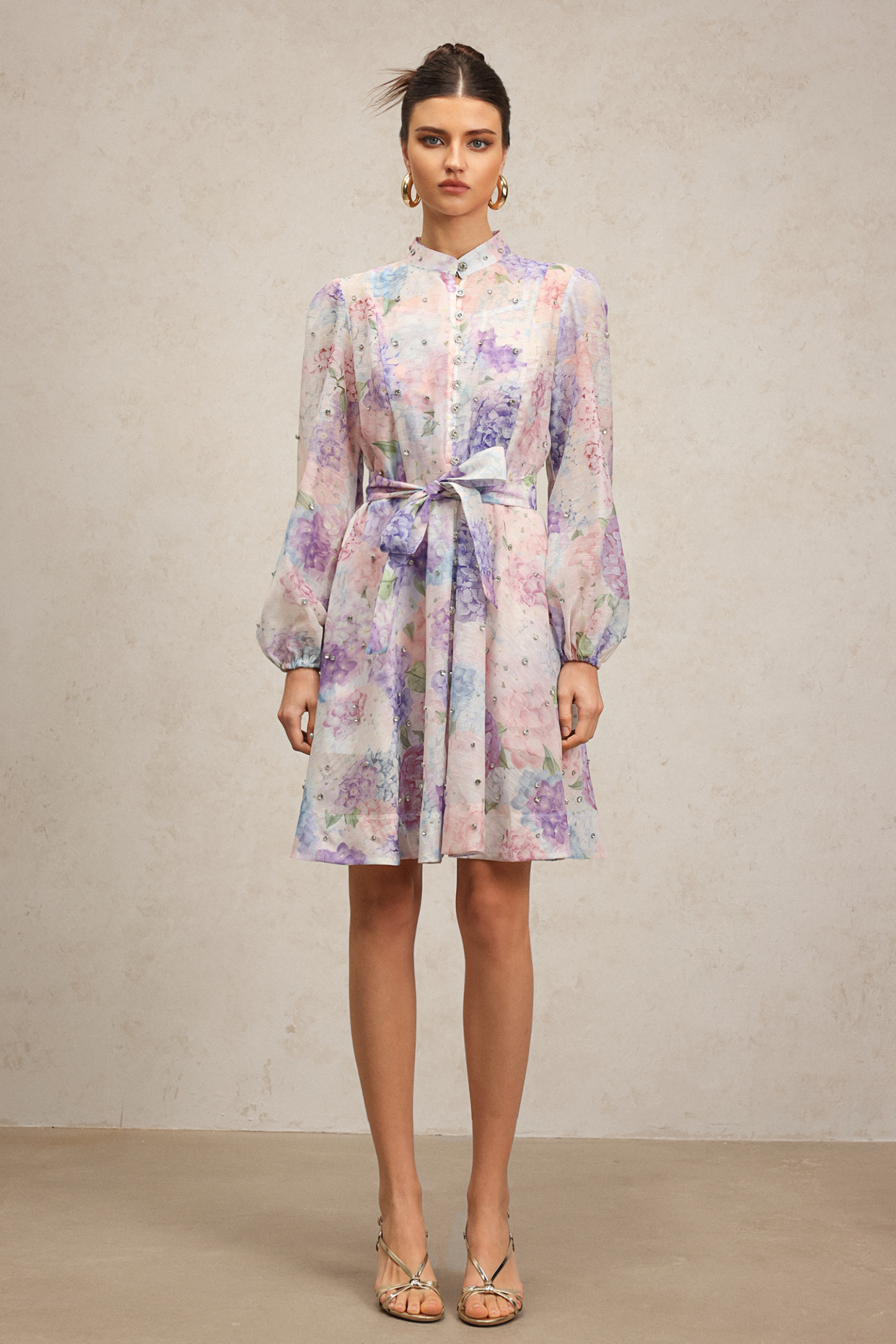 Faray Long Sleeves Floral Printed Diamond Mini Dress