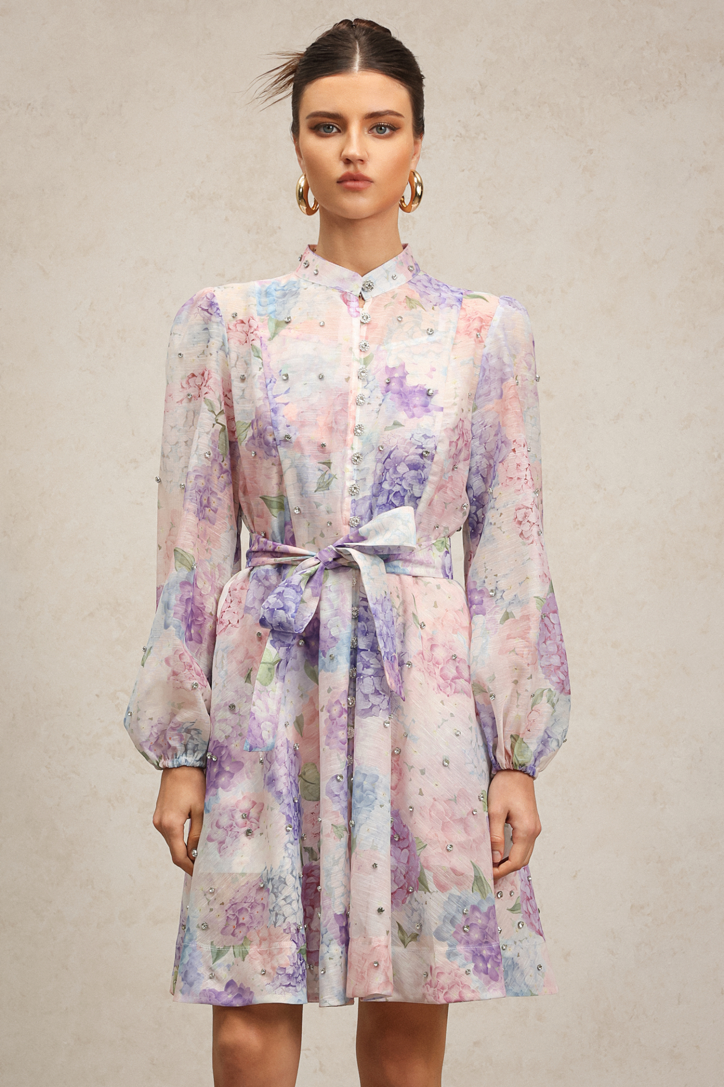 Faray Long Sleeves Floral Printed Diamond Mini Dress