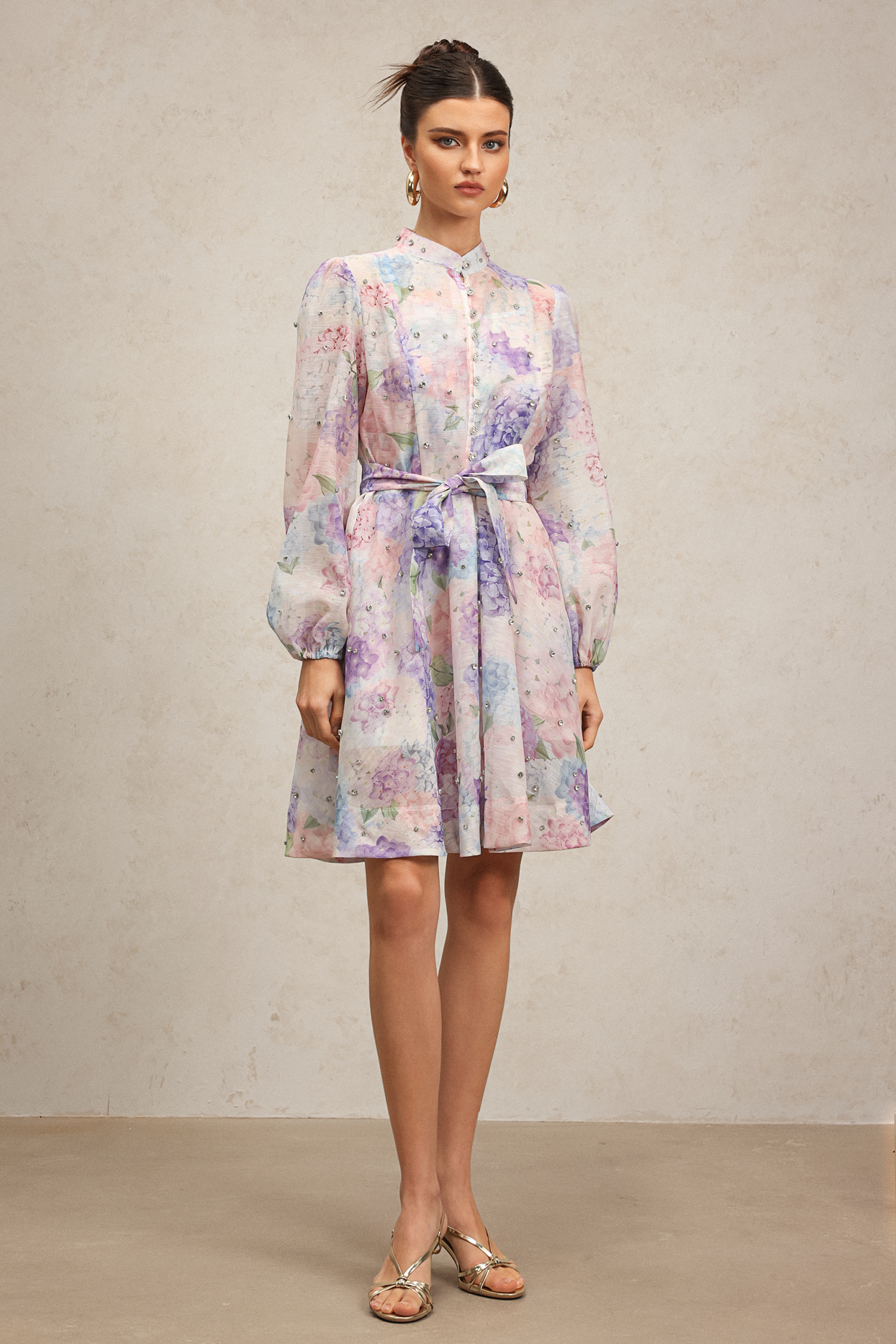 Faray Long Sleeves Floral Printed Diamond Mini Dress
