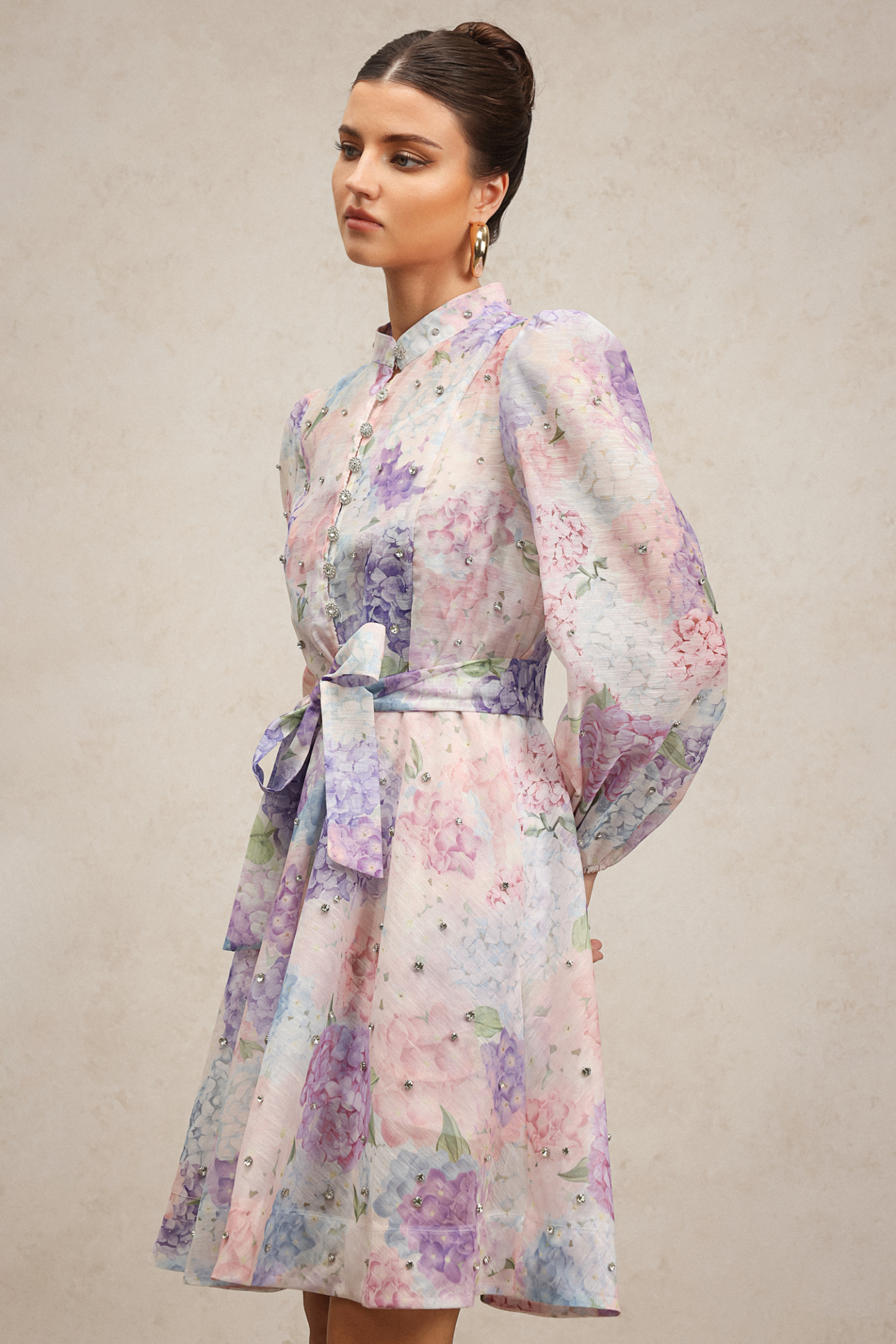 Faray Long Sleeves Floral Printed Diamond Mini Dress