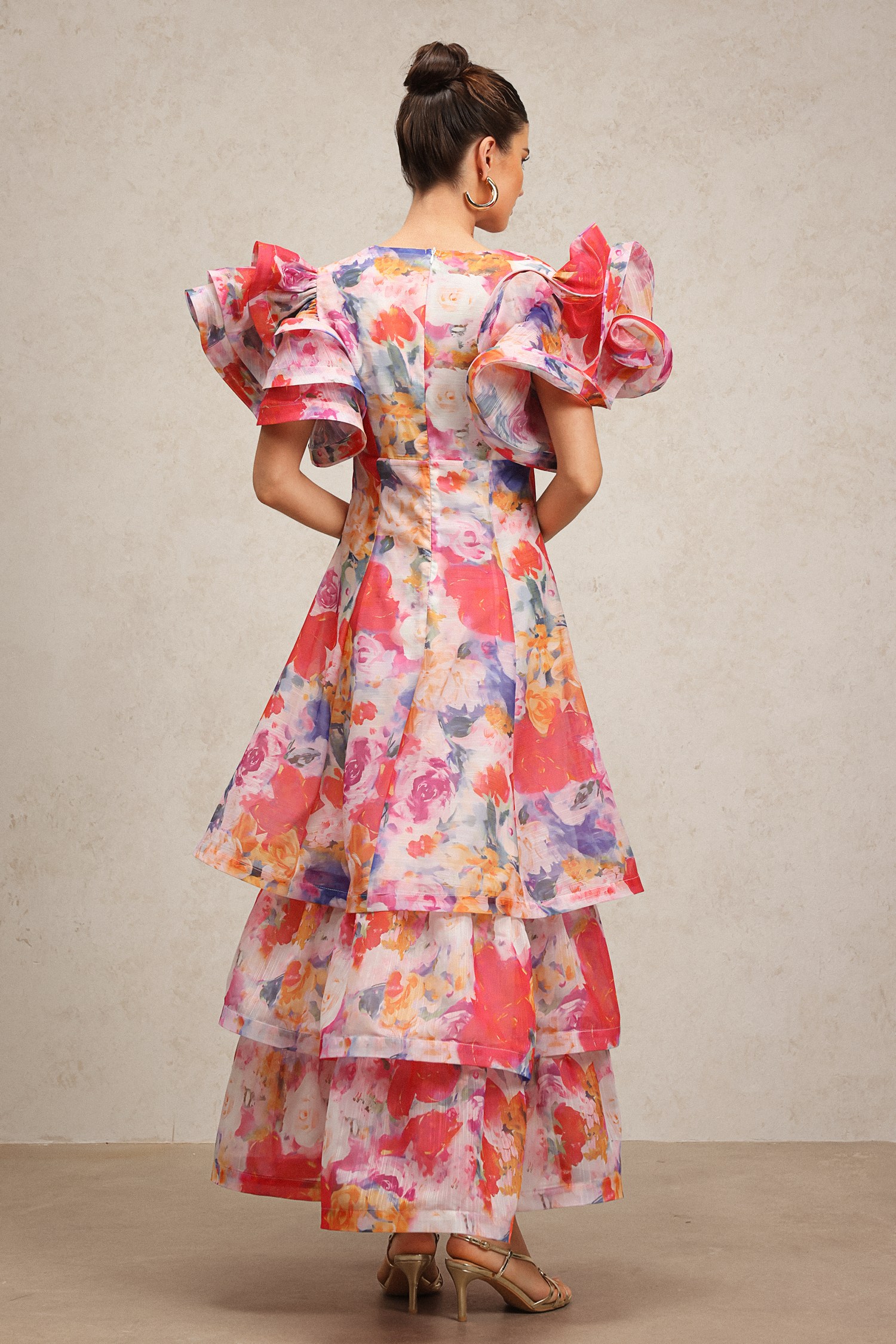 Wenie Printed V-Neck Folds Layered Maxi Dress