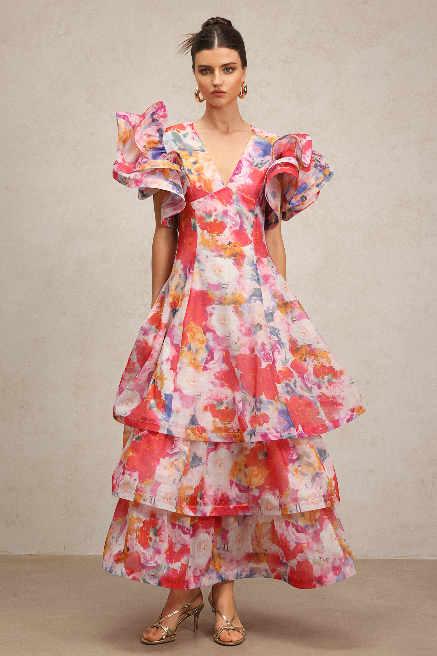 Wenie Printed V-Neck Folds Layered Maxi Dress