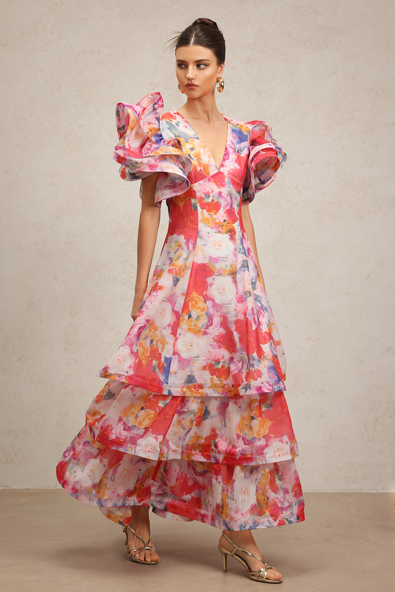 Wenie Printed V-Neck Folds Layered Maxi Dress