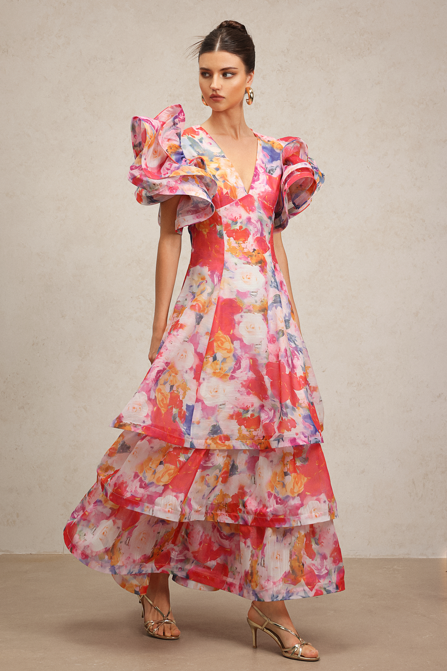 Wenie Printed V-Neck Folds Layered Maxi Dress